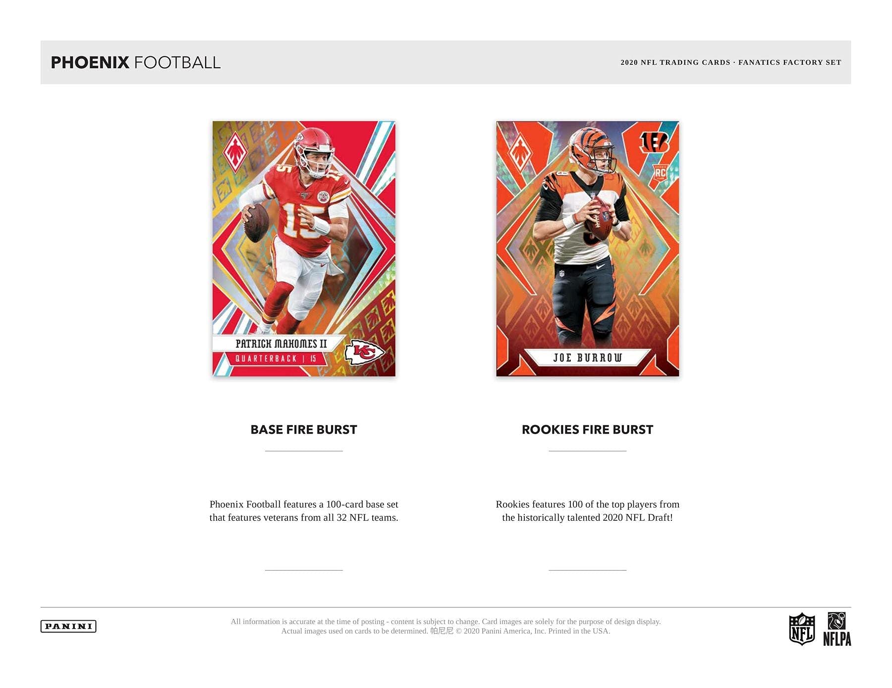 2020 Panini PHOENIX Exclusive 200-Card FACTORY Sealed NFL Football Trading Card Set - Fanatics Fire Burst Parallel in Every Card - Includes 100 Rookie Cards Featuring Justin Herbert & Joe Burrow - Perfect for Collectors, Fantasy Sports Fans, and Investment Enthusiasts