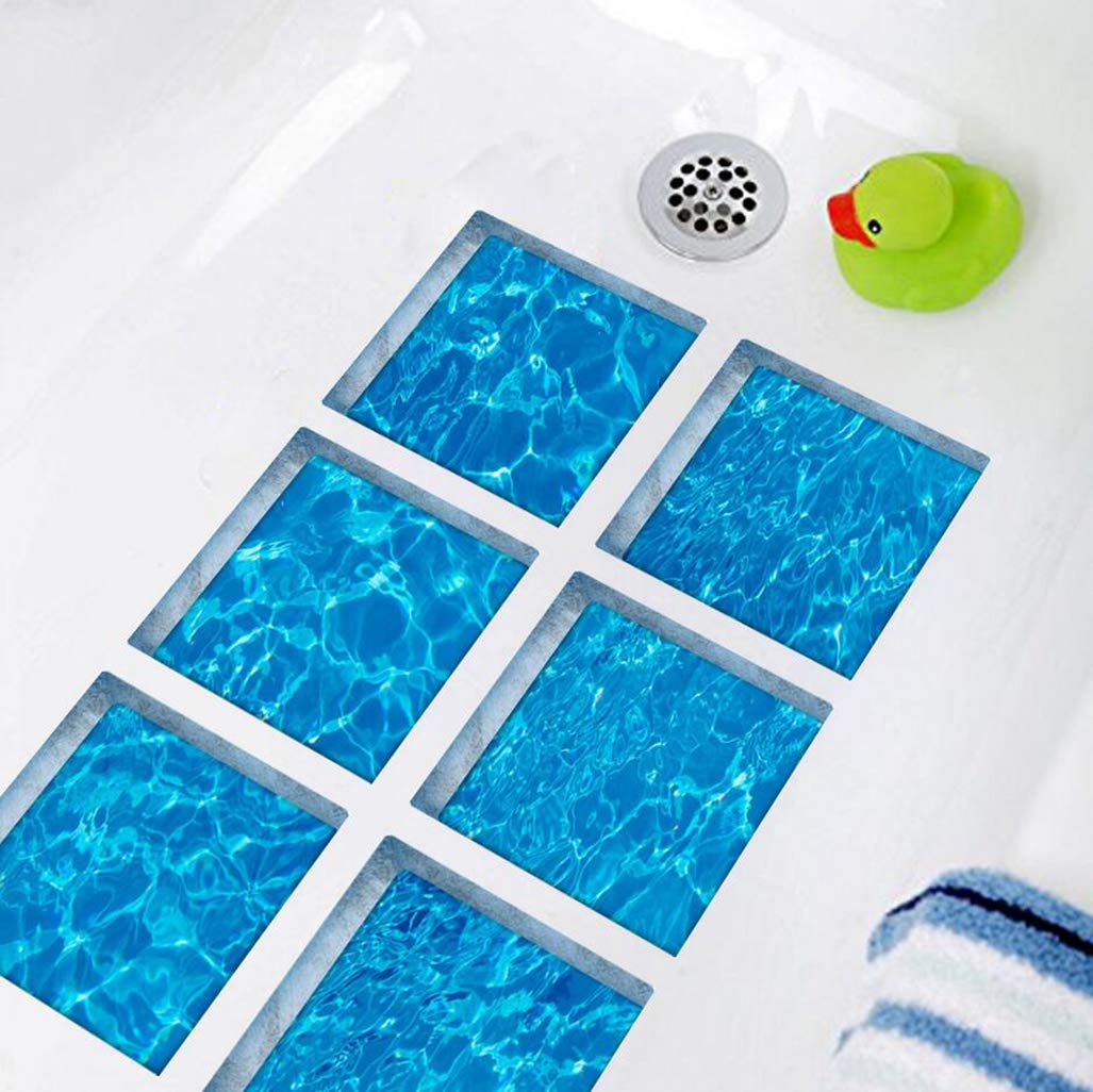 6PCS Blue Waterproof Non-Slip Bath Stickers - Self Adhesive Bathtub Decals for Tub, Pool & Shower Floor - Anti-Skid Safety Treads for Kids & Adults - Cool Summer Sea Series Design (Ideal for Bathroom, Spa & Swimming Pool Safety)