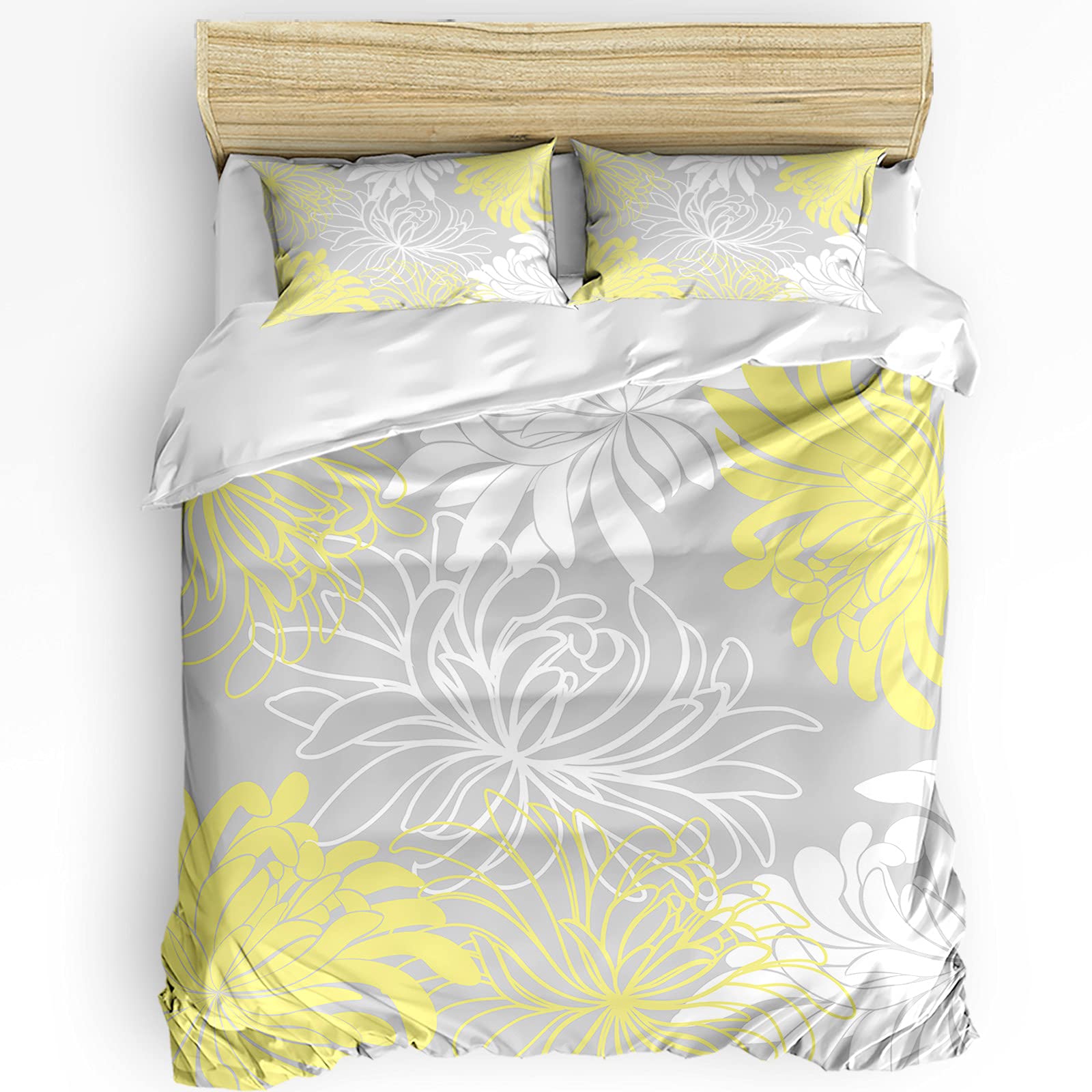 Elegant Daisy Flower Duvet Cover 3-Piece Bedding Set Full Size - Soft Lightweight Comforter Cover with 2 Pillow Shams in Yellow & Grey | Perfect for Guest Rooms, Master Bedrooms & Cozy Home Decor