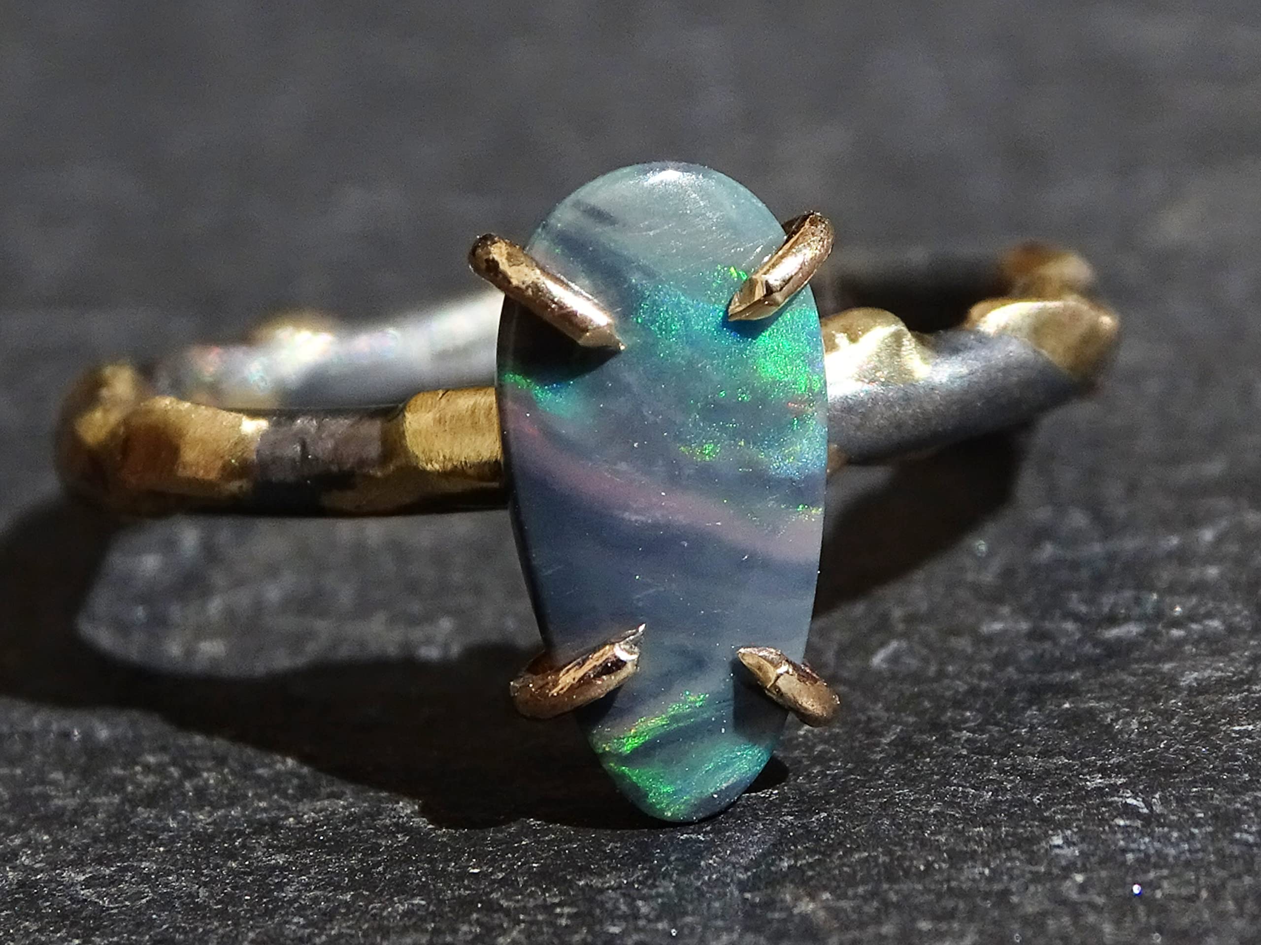Black Opal Ring Gold & Silver, Opal Wedding Ring Set, Dainty Opal Viking Engagement Ring, Molten Opal Jewelry – Anniversary Gift for Her, Perfect for Weddings, Proposals & Special Occasions