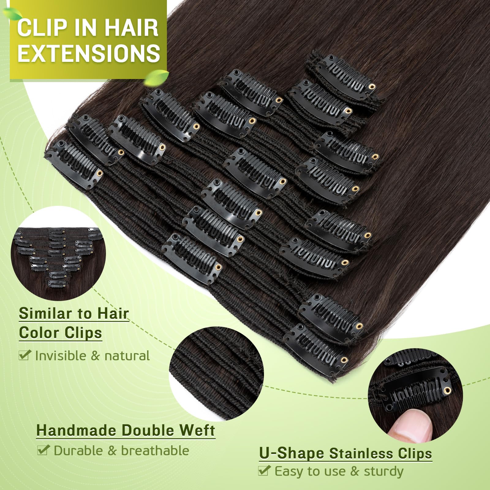 MY-LADY Clip in 100% Remy Human Hair Extensions - Double Weft #2 Dark Brown - 7A Quality - 8pcs 18 Clips - 20 Inch 150g - Long Soft Silky Straight Hair for Women - Perfect for Daily Styling, Parties & Special Occasions