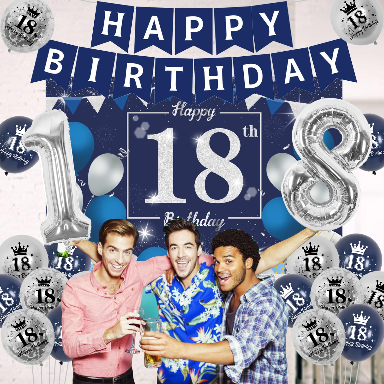Navy Blue & Silver 18th Birthday Party Decorations Set - 18 Balloon, Banner & Party Supplies for Boys | Perfect for 18 Years Old Birthday Celebrations & Milestone Parties