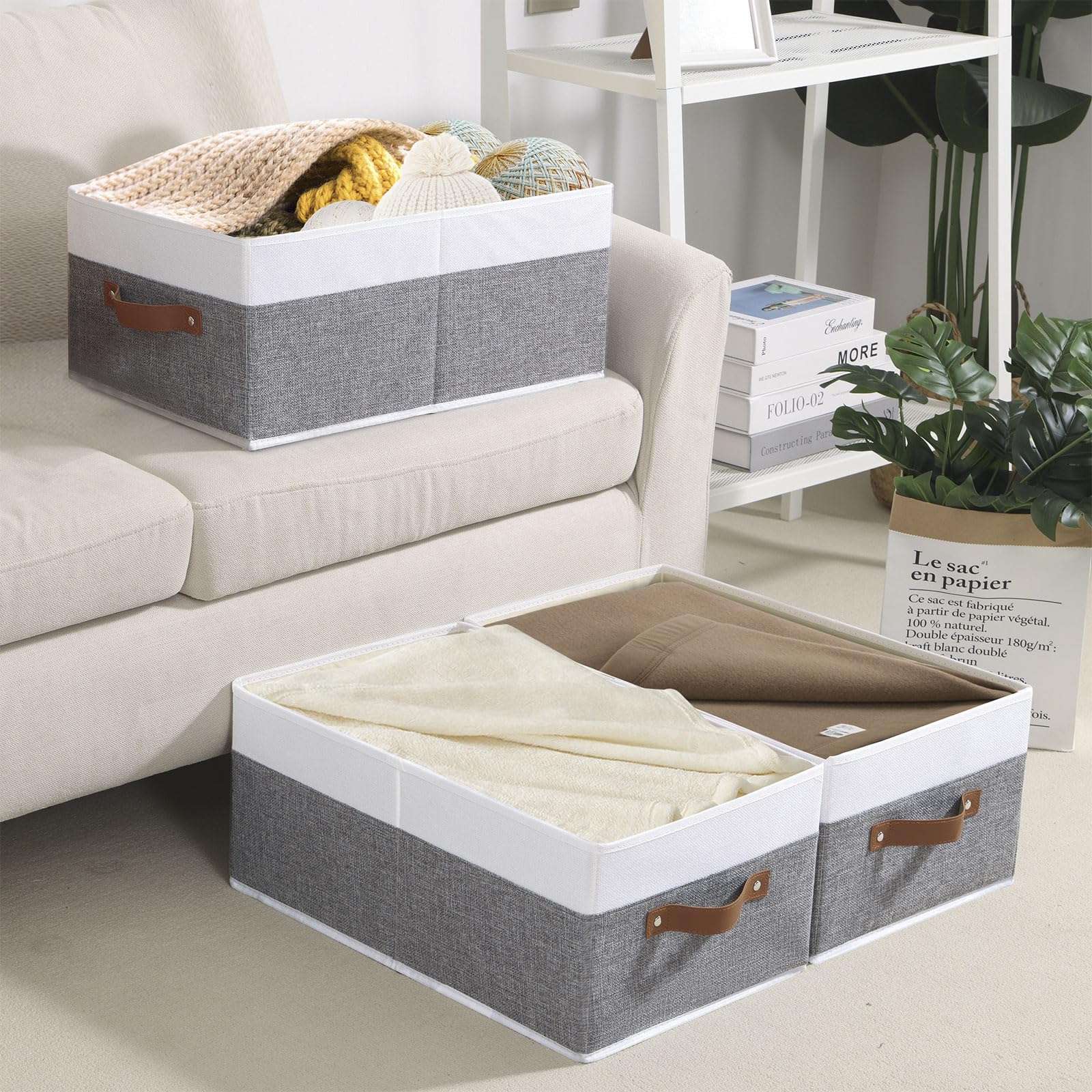 Clothing Storage Bins with Handles - 4 Pack Fabric Organizer Baskets for Shelves (13×9.1×5.5 Inch) - White & Grey - Perfect for Closet, Bedroom & Nursery Organization