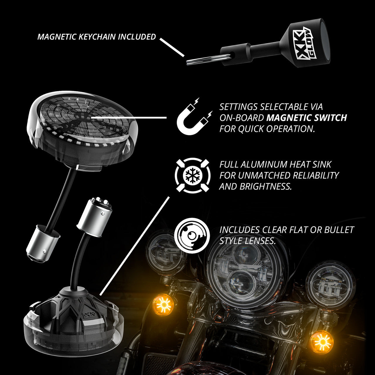 Front MotoTurnz Pro Series LED Turn Signal Inserts for Harley Davidson Motorcycle - High Visibility Safety Lights for Night Riding & Custom Bike Builds