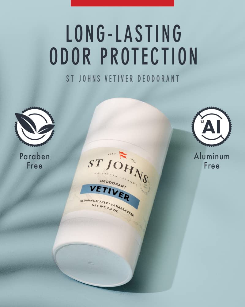 St Johns Vetiver Aluminum-Free Deodorant for Men & Women | 2.6 oz Natural Clear Deodorant Stick with Classic Vetiver Cologne | Virgin Islands Inspired Fresh Scent | Perfect for Daily Use, Travel & Sensitive Skin
