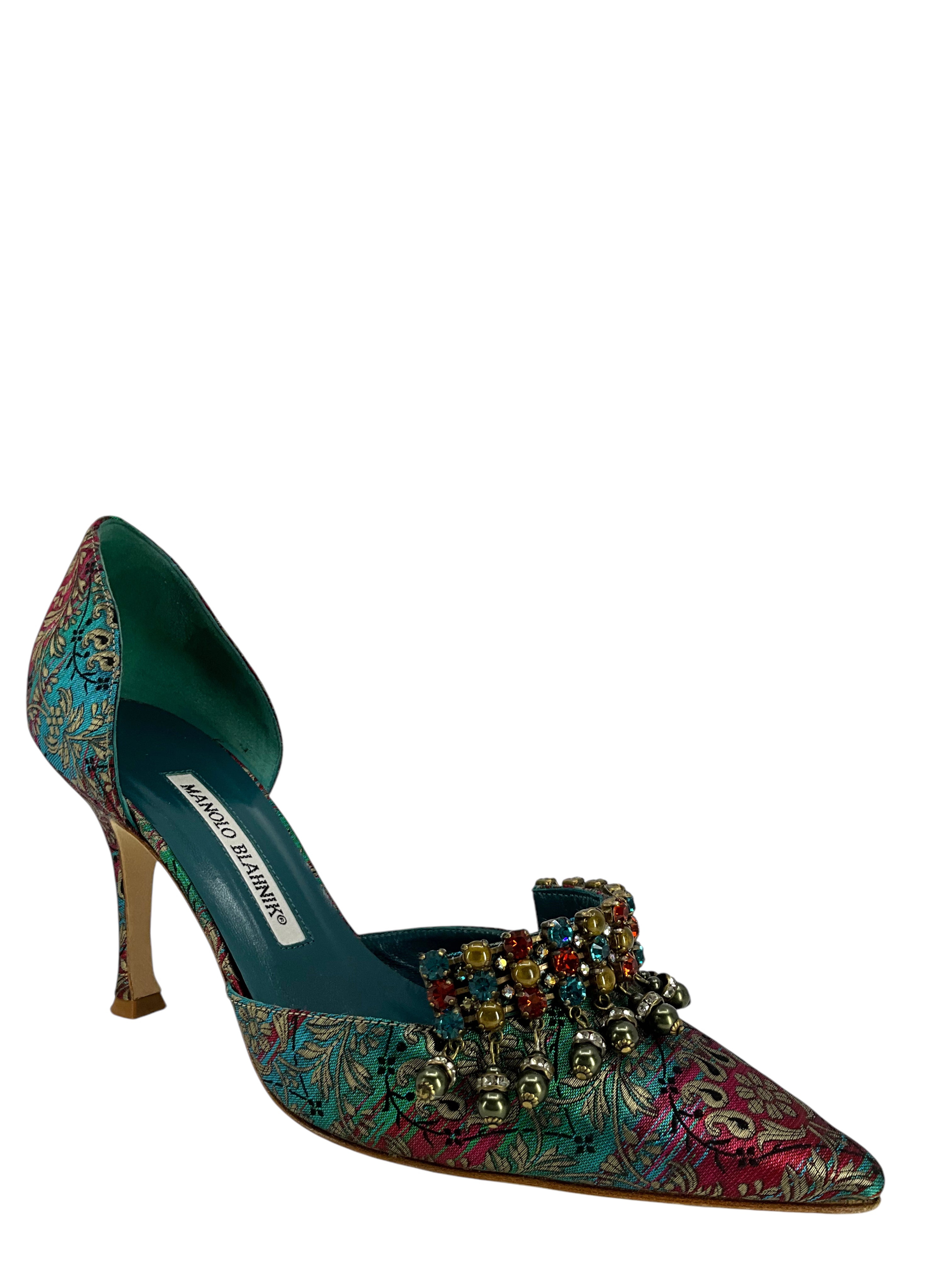 Manolo Blahnik Paisley Jacquard D'Orsay Pumps - Women's Size 7 US (EU 37) | Elegant Floral Heels for Weddings, Parties & Formal Events