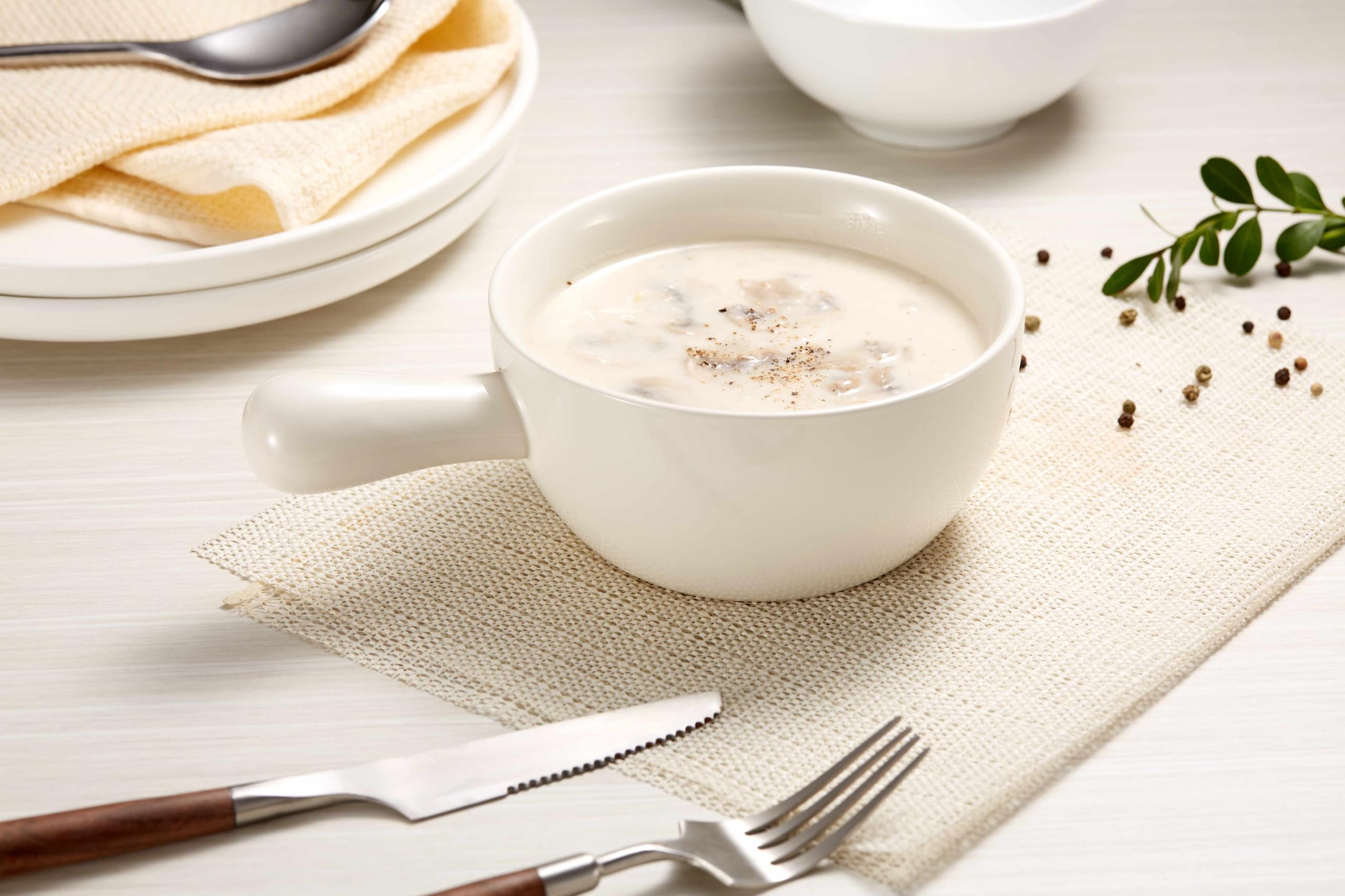 KooK French Onion Soup Crocks Set of 4 - 24oz Stackable Ceramic Bowls with Handles, Oven Safe, Microwave & Dishwasher Safe Stoneware - Perfect for Soups, Cereal, Casseroles, Baking & Serving - Elegant White Dinnerware for Restaurants & Home Dining