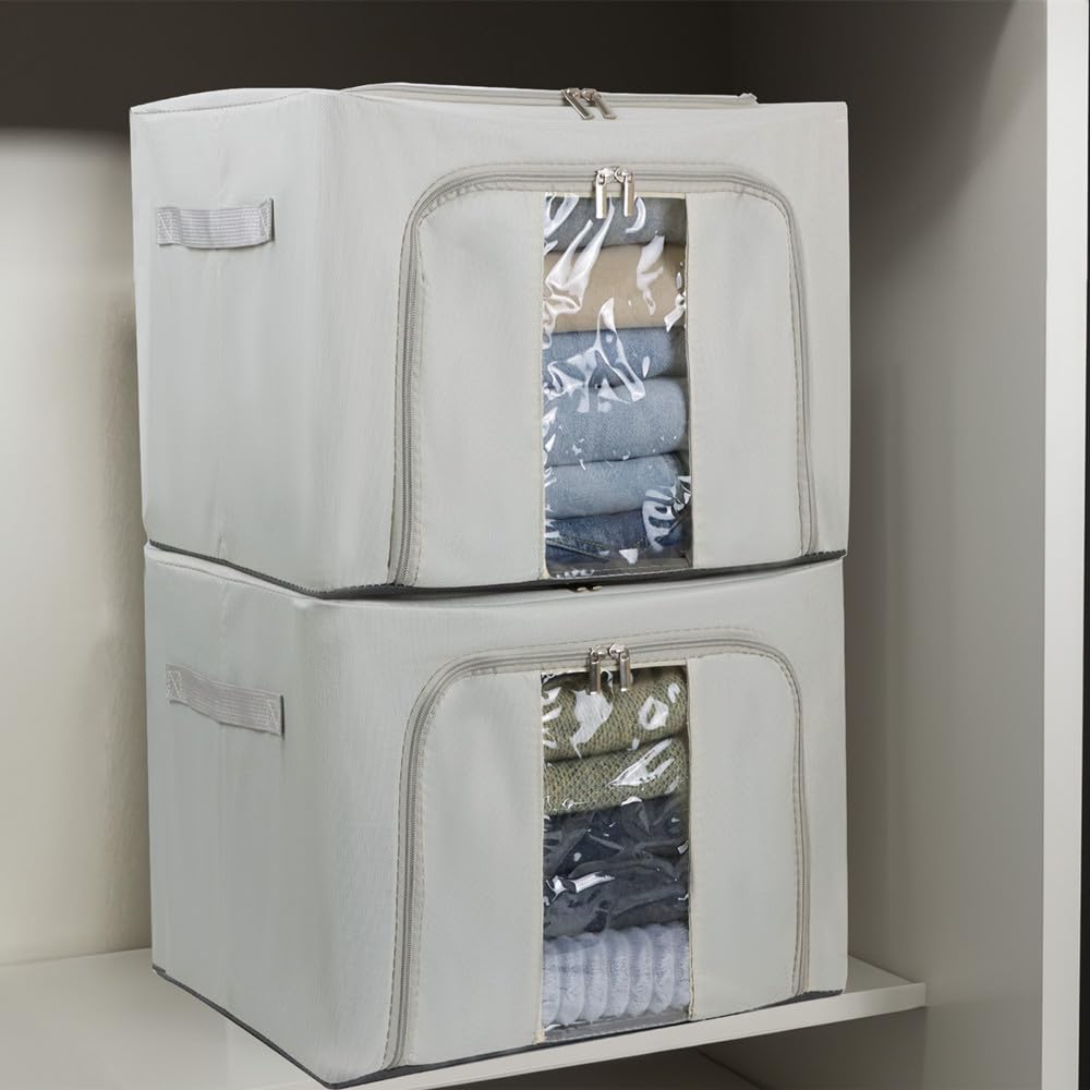 36L Stackable Clothes Storage Bins with Metal Frame - 3-Pack Foldable Oxford Fabric Organizer Boxes with Lids for Closet, Bedroom & Dorm Organization - Perfect for Sheets, Blankets, Seasonal Clothing & Toys Storage