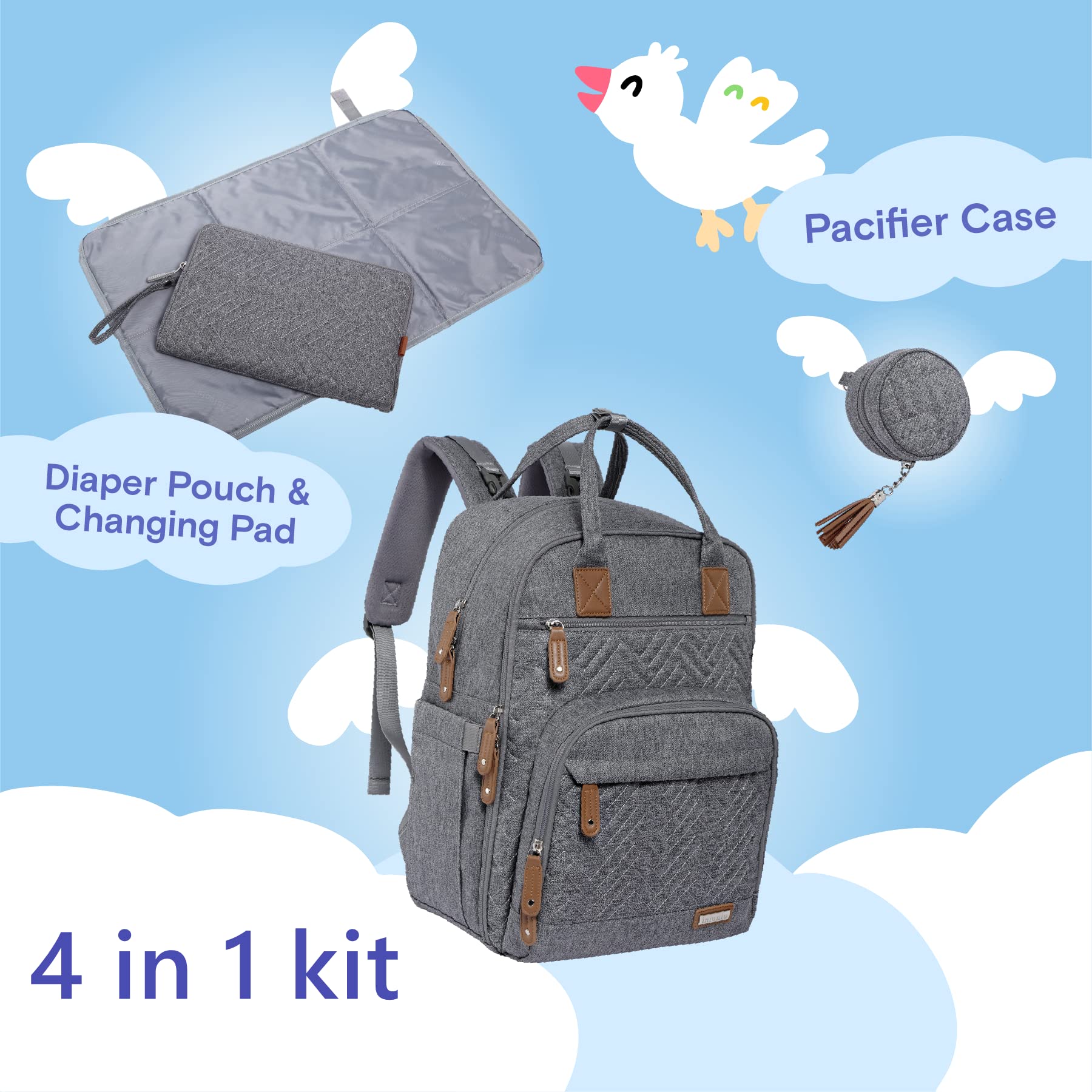 **Iniuniu 4-in-1 Large Unisex Waterproof Diaper Backpack – Baby Travel Bag with Washable Changing Pad, Pacifier Case & Stroller Straps (Gray) – Perfect for Daycare, Travel & On-the-Go Parents**