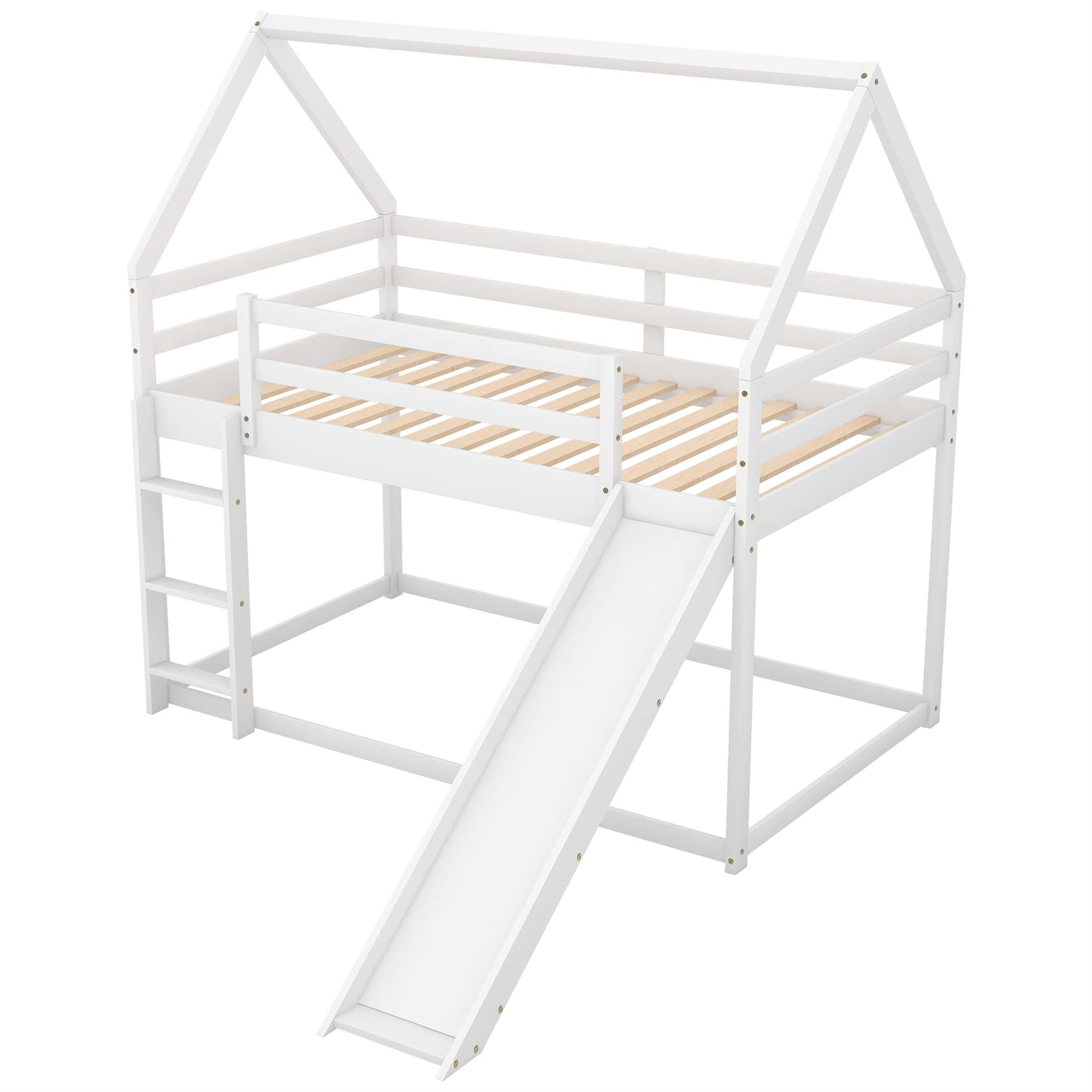 **Twin Over Twin Low Bunk Bed with Slide - Wooden House Bunk Bed for Kids, Toddlers, Boys & Girls - White - Perfect for Small Bedrooms, Playrooms & Sleepovers**