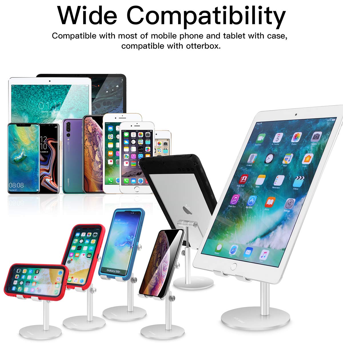 AICase Adjustable Aluminum iPad Stand Holder - Universal Multi-Angle Telescopic Phone Tablet Mount for iPhone & iPad 4-13 Inch (Silver) | Perfect for Home Office, Bed Watching & Kitchen Cooking