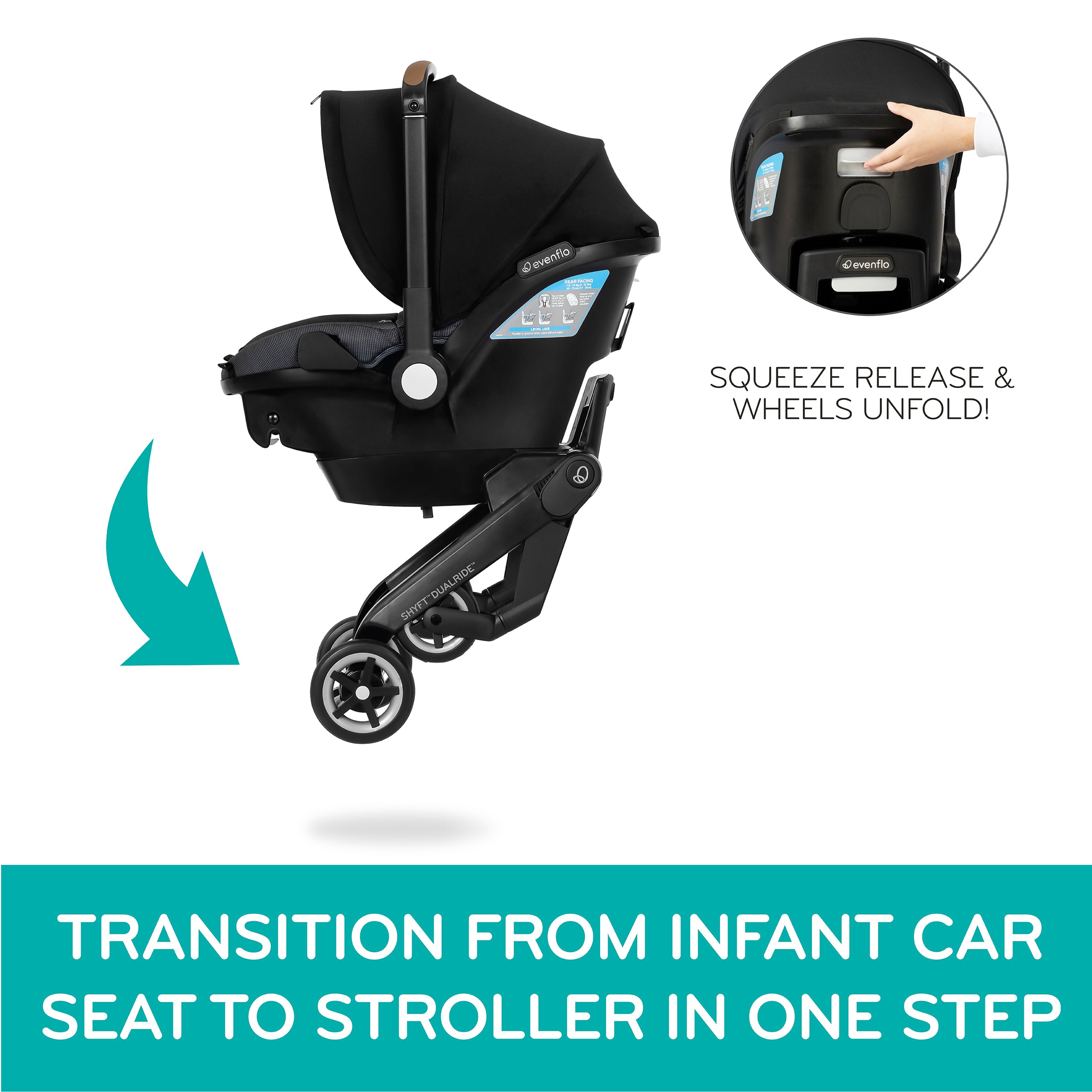 Evenflo Shyft DualRide Infant Car Seat & Stroller Travel System with Carryall Storage Bag - Lightweight Baby Carrier for Newborns to Toddlers, Perfect for Air Travel, Shopping & Daily Outings