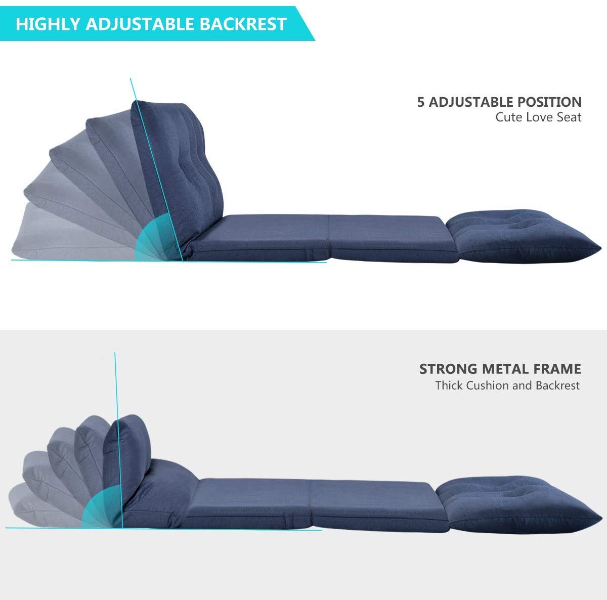 Rhomtree 5-Position Reclining Floor Sofa Chair - Foldable Fabric Futon Lounger for Living Room, Gaming, and Relaxation (Navy Blue) | Perfect for Small Spaces, Movie Nights & Video Gaming Sessions