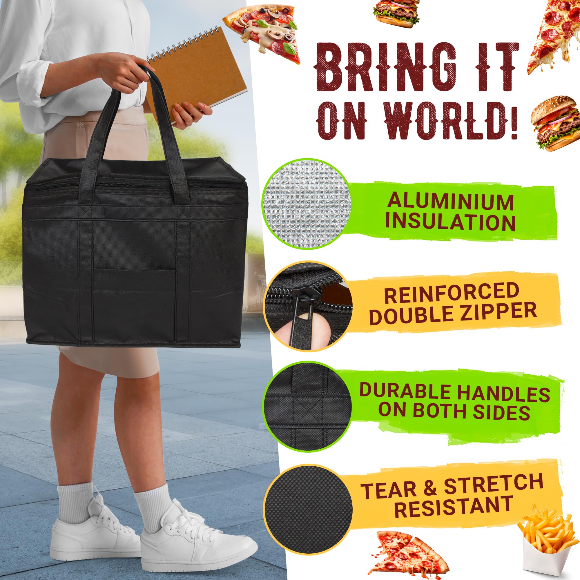 Premium Black Insulated Food Delivery Bag - Heavy Duty Zippered Cold Grocery Bag for Takeout & Catering | Foldable, Leak-Proof Thermal Tote for Meal Prep, Picnics & Amazon Fresh Deliveries