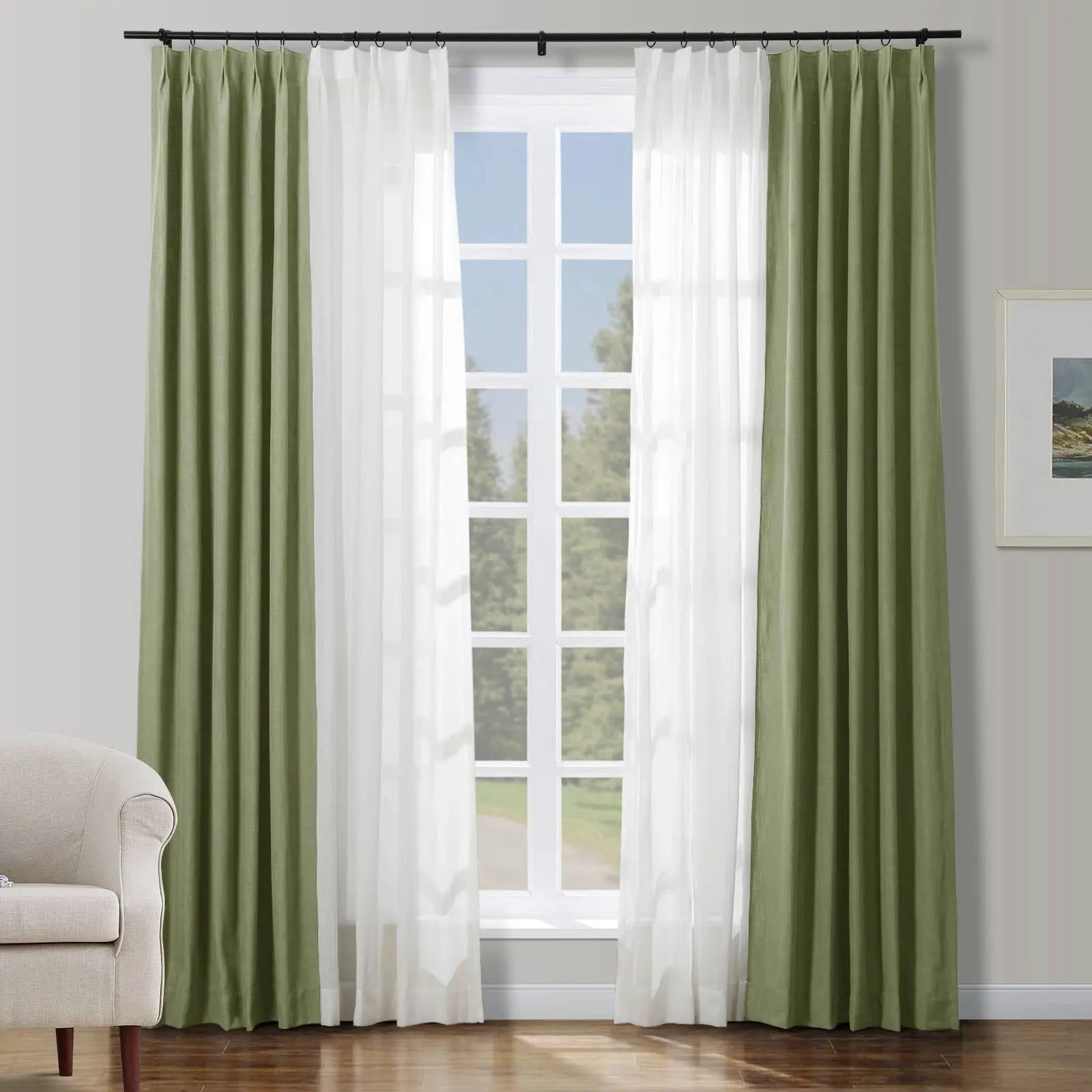 Half Linen Half Sheer Pleated Curtain Panels (Set of 2) - Elegant Window Drapes for Living Room, Bedroom & Dining Room Decor