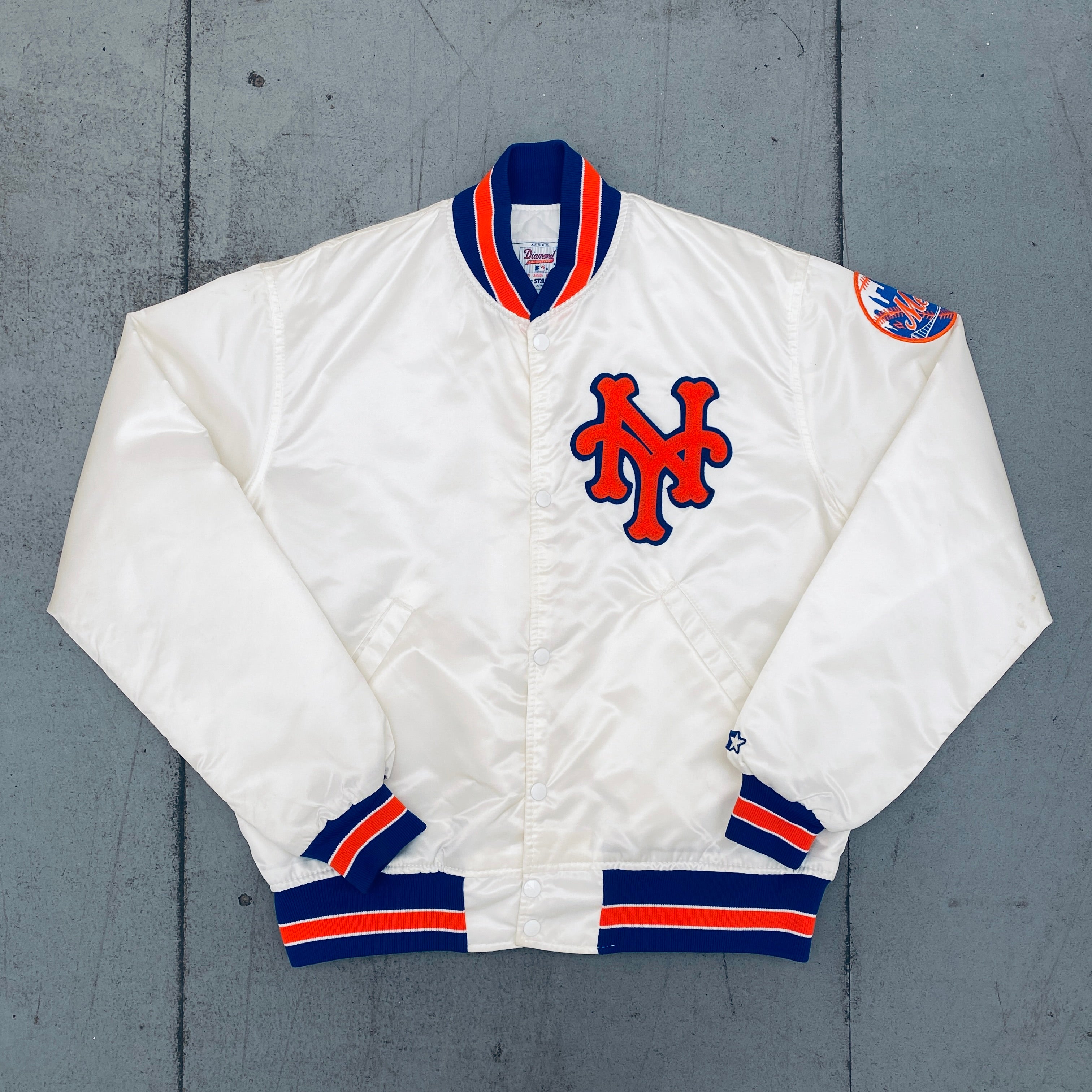 New York Mets 1980s White Satin Diamond Collection Starter Bomber Jacket - Vintage Baseball Jacket for Men (Large) - Perfect for Game Day, Sports Events & Retro Fashion