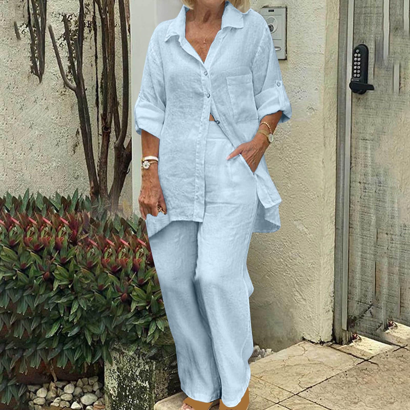 Women's 2-Piece Cotton Linen Loungewear Set - Plus Size Pants & Shirt for Sleep & Relaxation