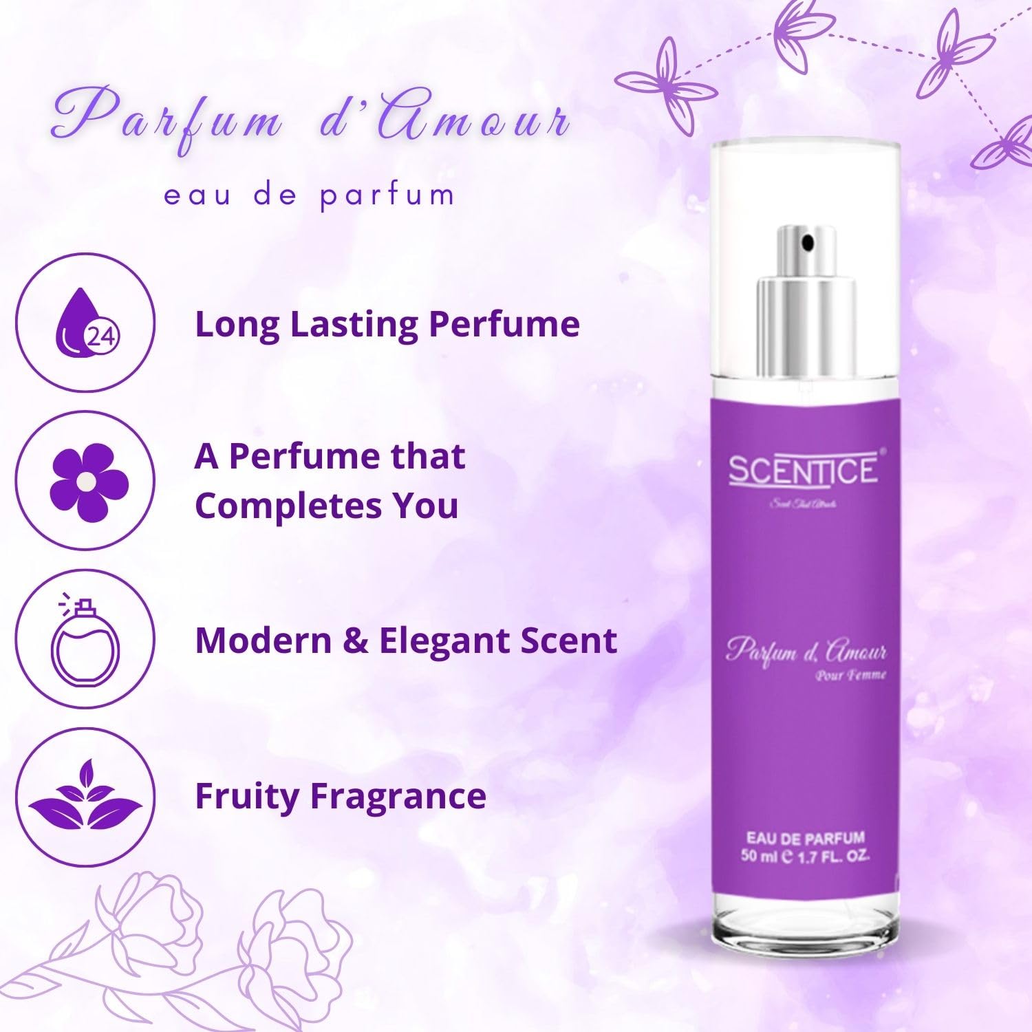 Scentice Parfum d'Amour Eau De Parfum - Long Lasting Premium Women's Perfume | Travel Size 50ml | Perfect for Date Nights, Office & Special Occasions