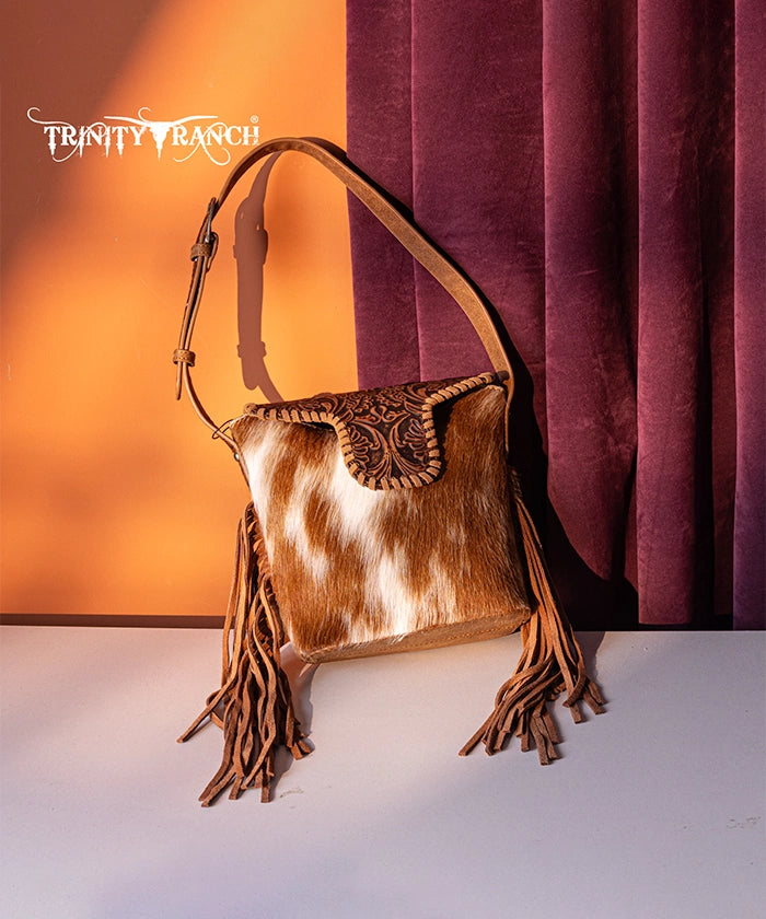 Trinity Ranch Genuine Hair-On Cowhide Tooled Western Shoulder Bag - Perfect for Rodeo, Country Music Festivals & Cowgirl Fashion