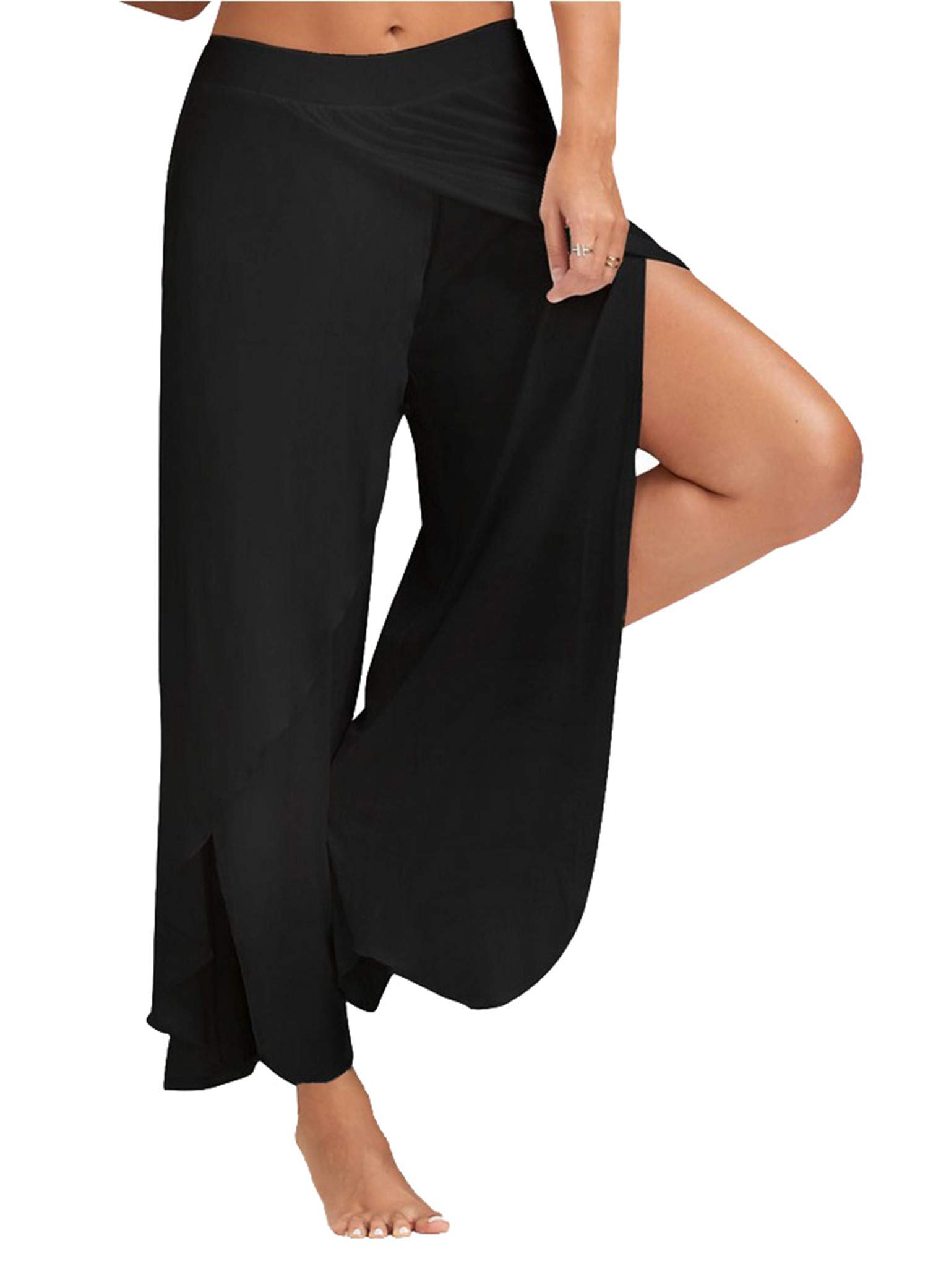Andongnywell Women's High Slit Flowy Palazzo Pants - Solid Color Cropped Wide Leg Trousers for Summer, Beach, Party & Casual Wear