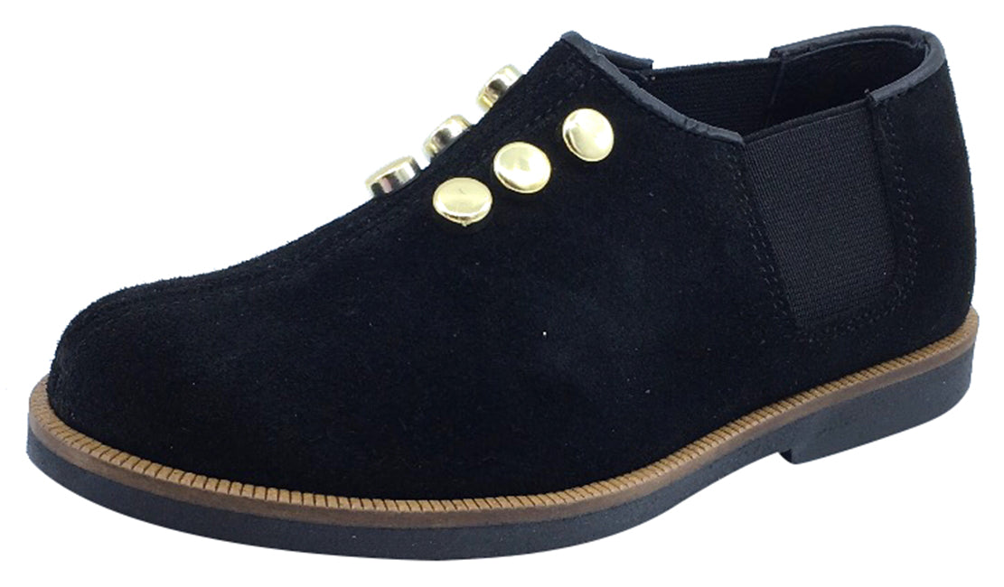 Luccini Maggie Boys Girls Black Suede Leather Slip-On Dress Shoes for School, Weddings & Formal Occasions