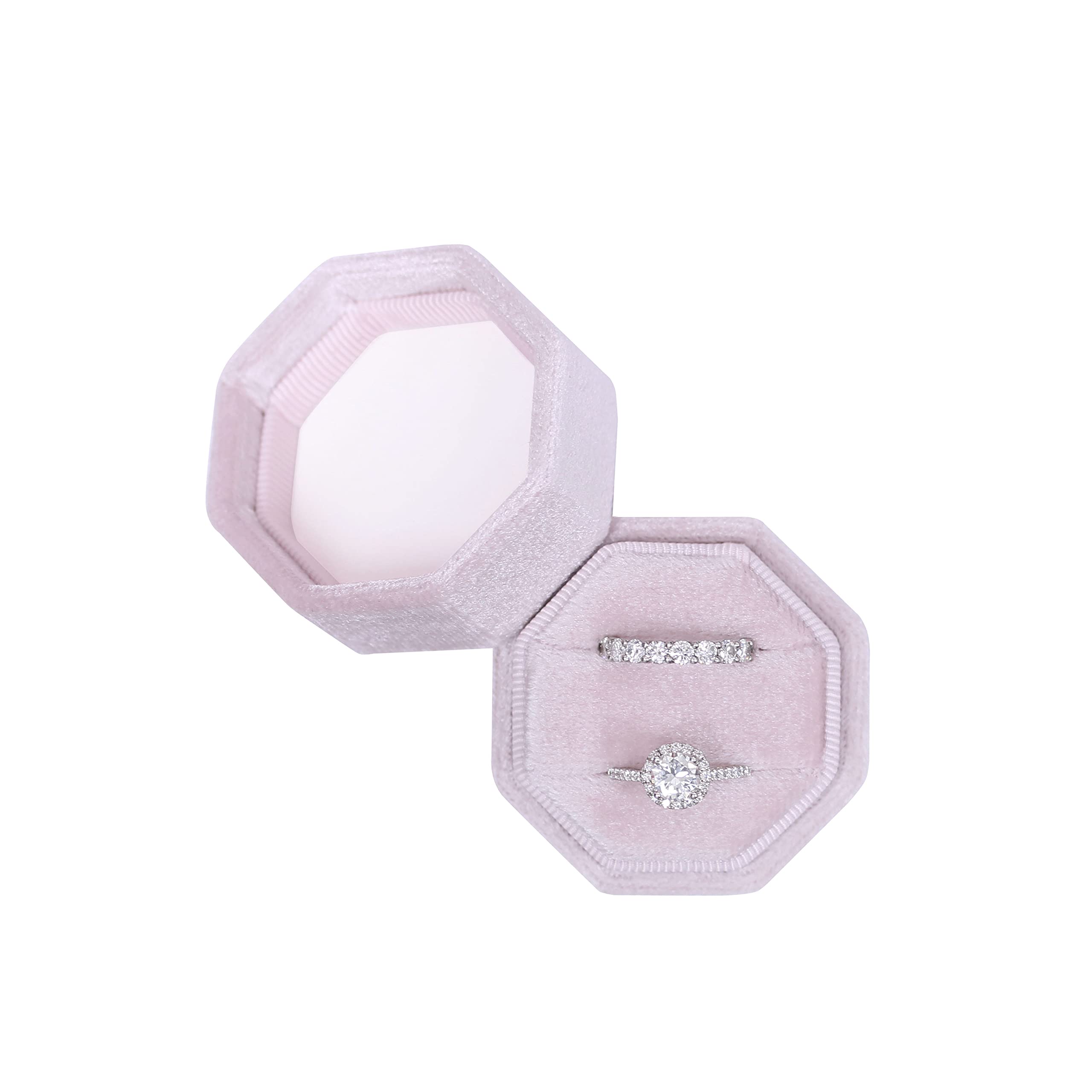 Velvet Jewelry Ring Box - 2 Slots Octagon Engagement Wedding Keepsake Box for Bridal Photos & Rings - Ballet Pink - Perfect for Proposals, Bridal Showers & Wedding Gifts
