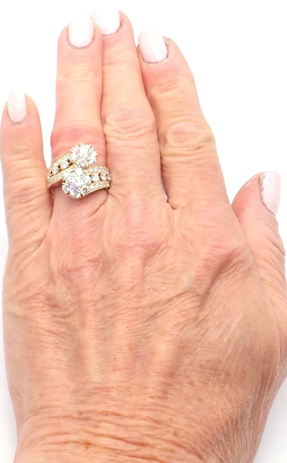Authentic Van Cleef & Arpels Snowflake 18k Yellow Gold Diamond Two Flower Ring for Women - Luxury Jewelry Gift for Anniversary, Valentine's Day & Special Occasions