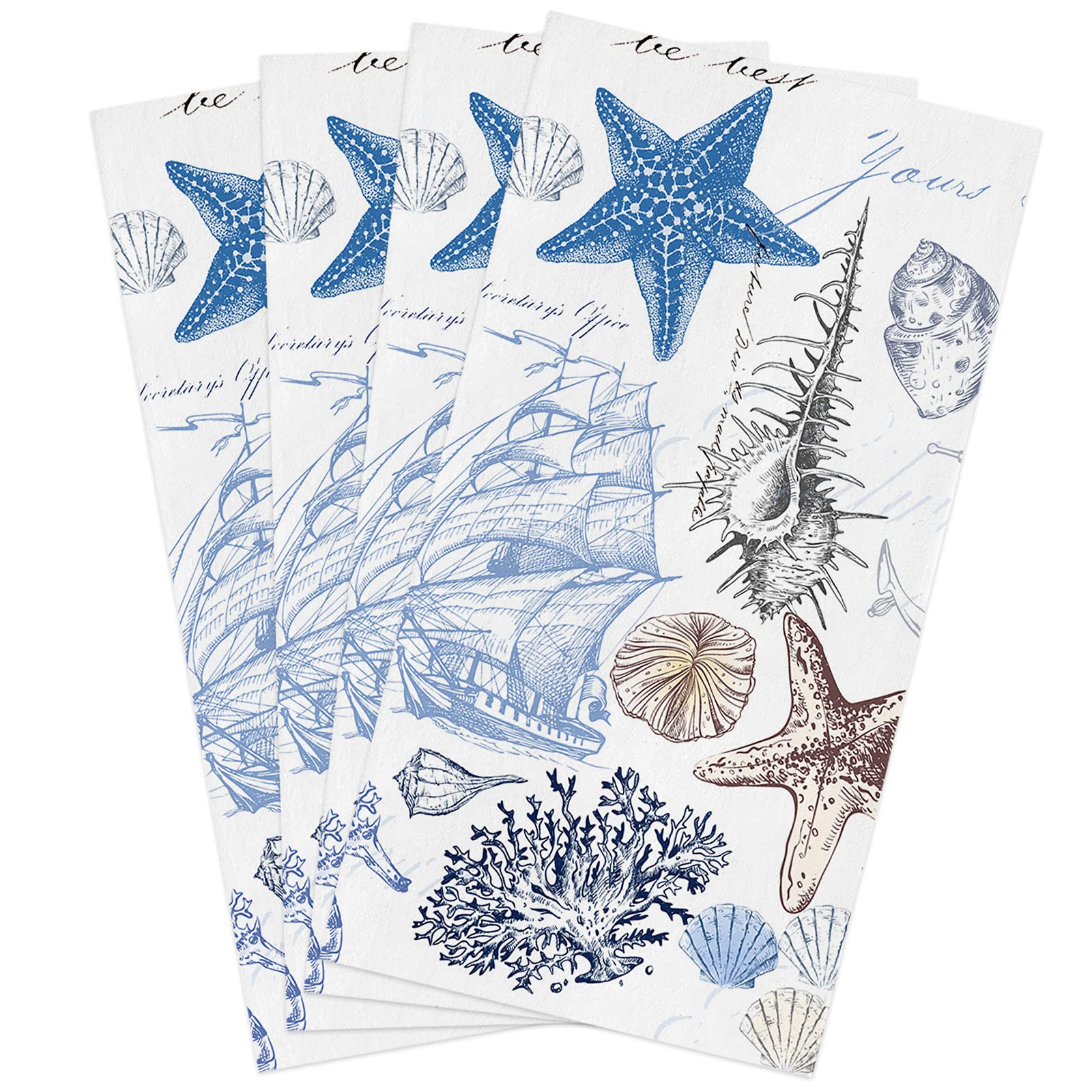Coastal Seastar Nautical Anchor Kitchen Towels Set - 4PC Blue Ocean Themed Absorbent Microfiber Dish Towels with Seashell & Starfish Patterns (18x28 Inch) - Perfect for Beach House Kitchen, Coastal Decor & Dish Drying