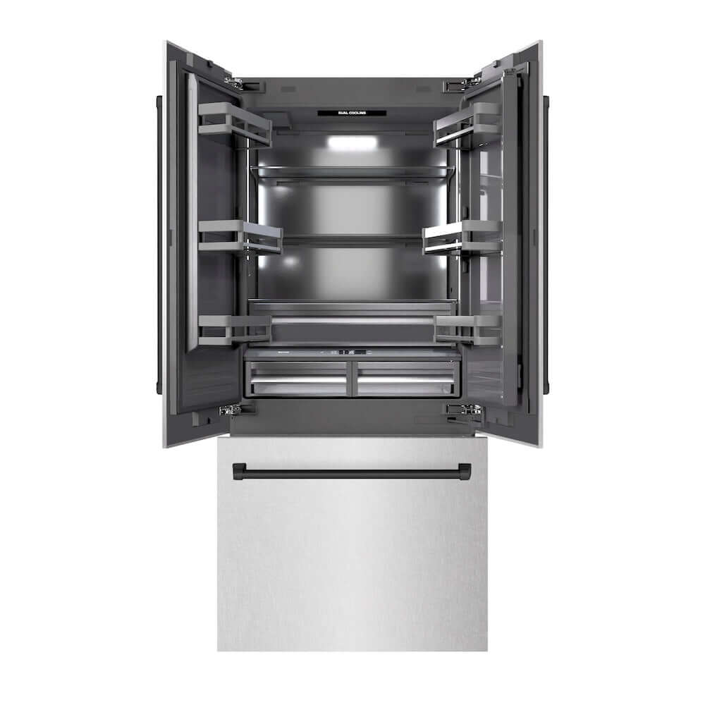 ZLINE Autograph Edition 36 Inch 19.6 cu ft French Door Built-In Bottom Freezer Refrigerator with Water Dispenser & Ice Maker - Satin Stainless Steel, Graphite Gray Interior & Matte Black Accents (GRBIVZ SN 36 MB) - Perfect for Modern Kitchens & Luxury Homes