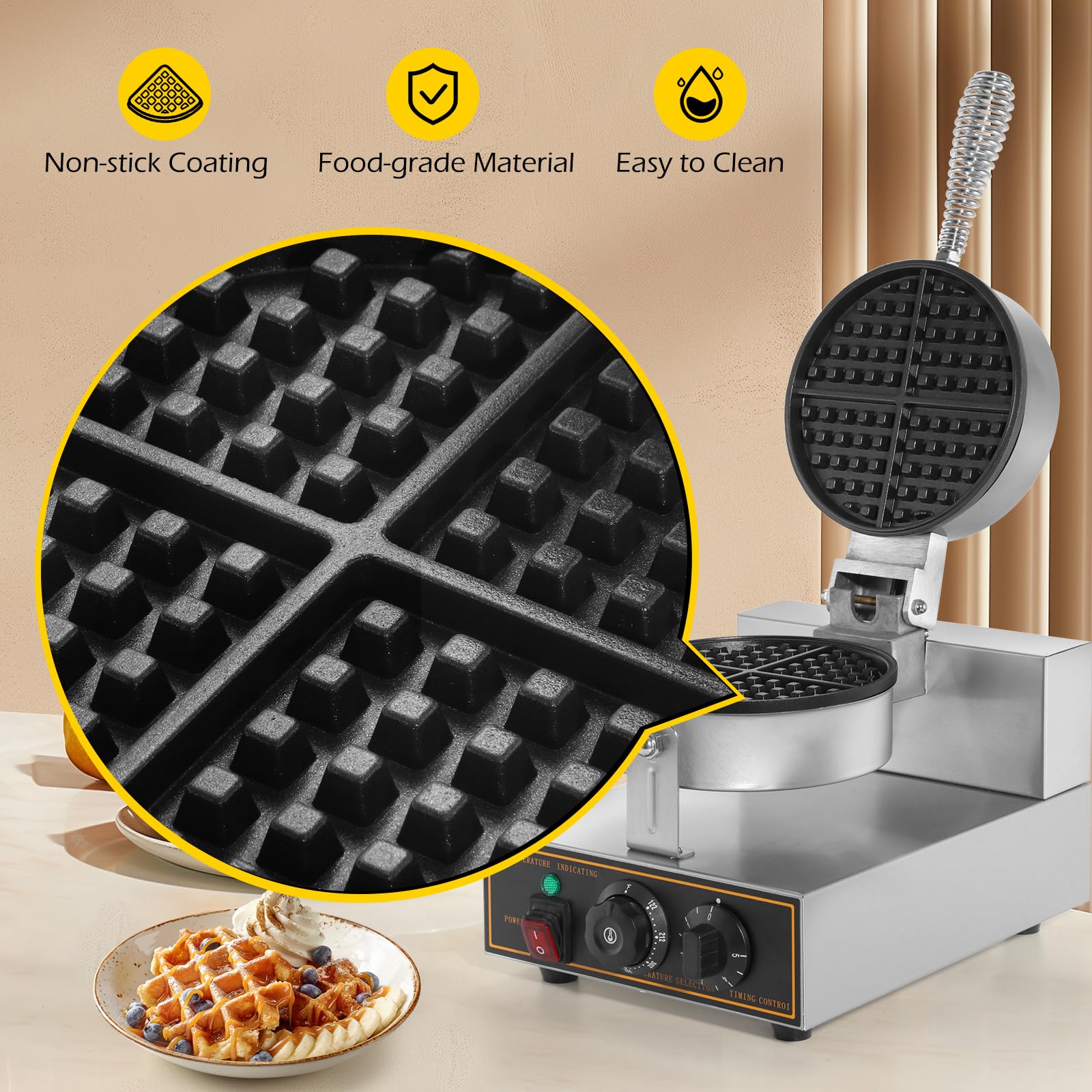 Dyna-Living Commercial Waffle Maker Machine 1200W - Round Stainless Steel Non-Stick Waffle Iron for Restaurants, Cafes & Breakfast Shops - Perfect for Belgian Waffles, Pancakes & Quick Breakfast Service (110V)