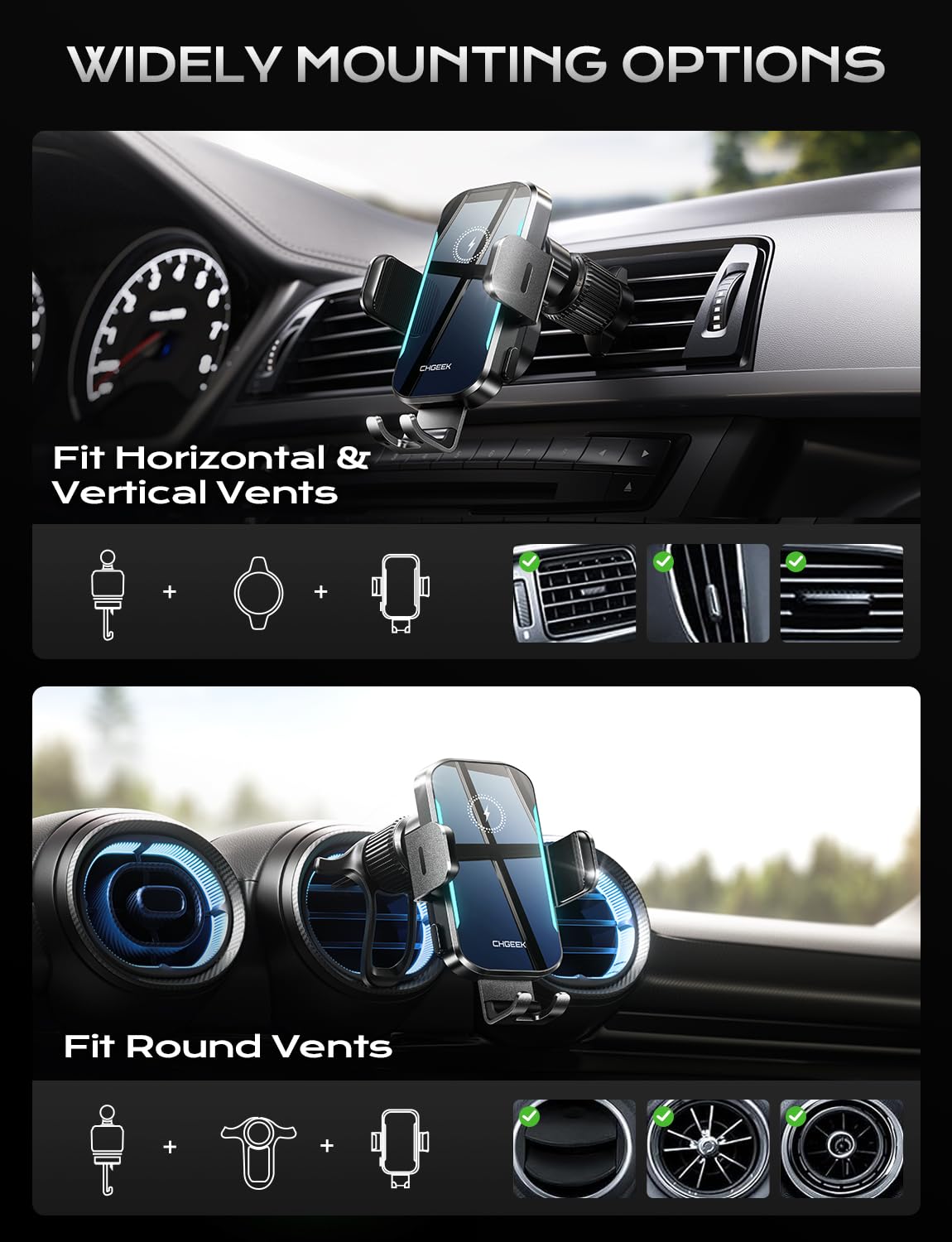 15W Fast Wireless Car Charger & Auto-Clamping Air Vent Phone Mount - Compatible with iPhone 16/15/14/13/12, Samsung S24/S23/S22 - Blue LED Backlit for Safe Night Driving | Perfect for Commuting, Road Trips & GPS Navigation
