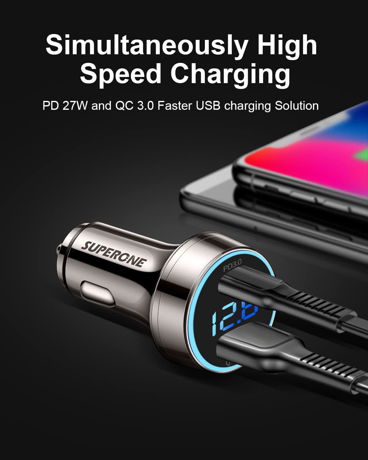 45W Dual USB C Car Charger with PD & QC3.0 Fast Charging - Pure Copper USB C Car Adapter for iPhone 15/14/13, Samsung Galaxy S22/S21, Pixel 7/6/5 - LED Voltmeter Display - Perfect for Road Trips & Daily Commute