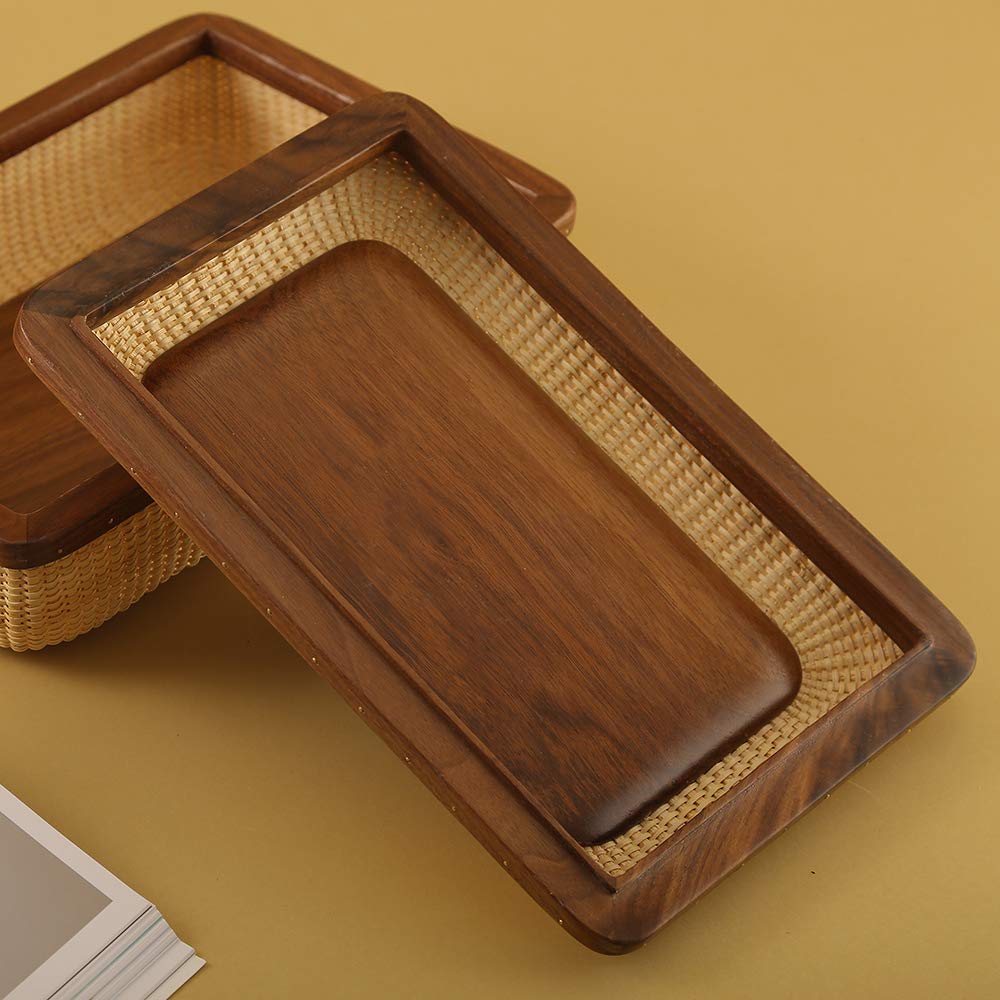 Modern Rattan and Solid Wood Storage Basket - Square Woven Jewelry Box, Fruit Basket for Living Room & Dining Table Decor | Home Organization & Stylish Storage Solution