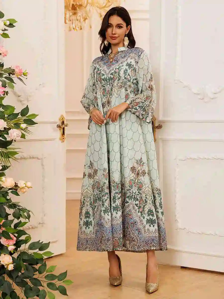 Elegant Eid Dress for Women - Embroidered Caftan Kaftan Dress with Floral Print #25436 - Perfect for Eid Celebrations, Weddings & Special Occasions