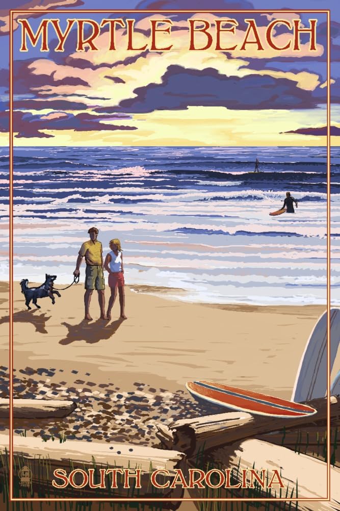 Lantern Press Myrtle Beach South Carolina Wall Art - 24x36 Wrapped Canvas Print of Beach Walk & Surfers - Coastal Home Decor for Living Room, Bedroom or Office