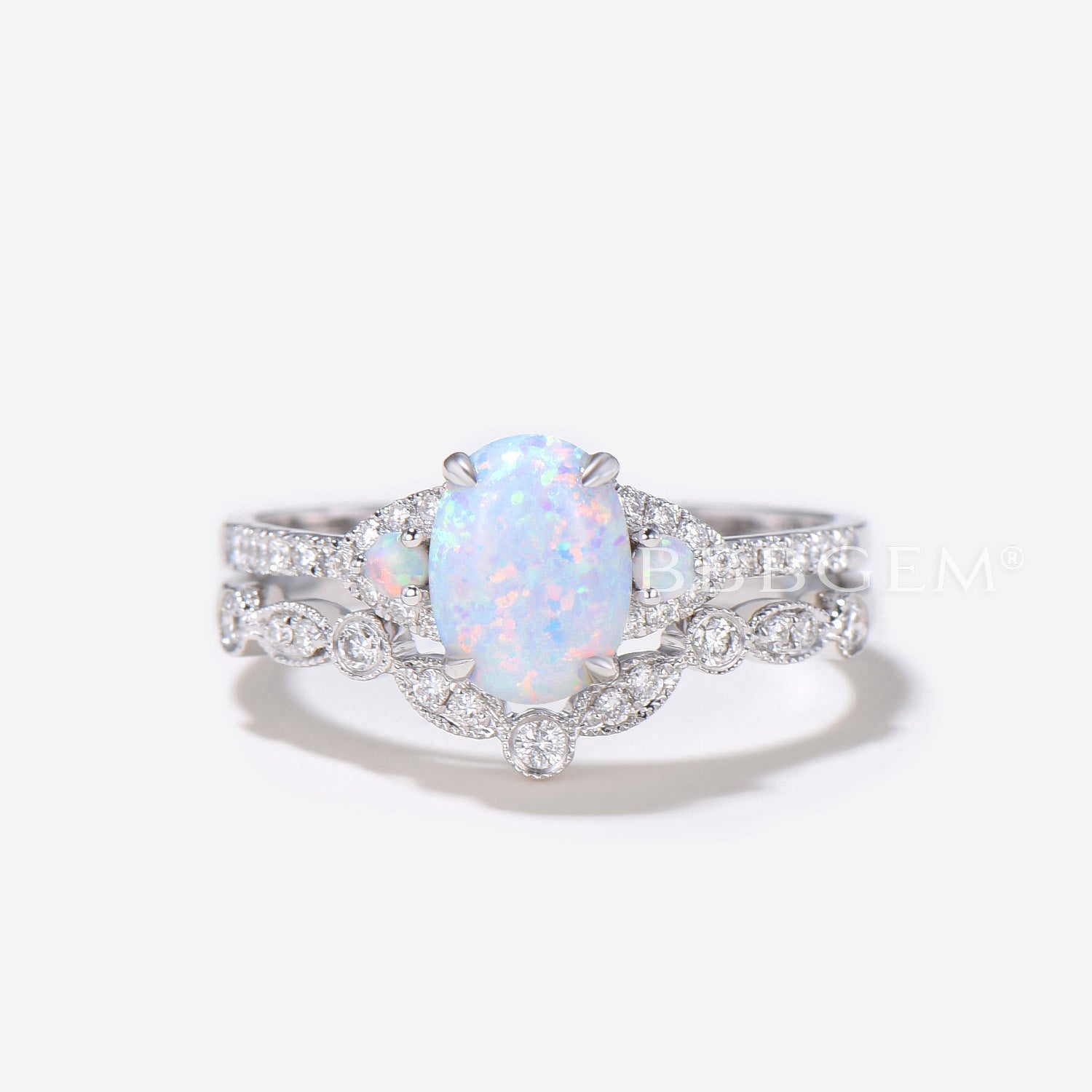 Three Stone Oval Opal Wedding Engagement Ring Set in Rose Gold with Diamond Matching Band - Perfect for Proposals, Anniversaries & Bridal Jewelry