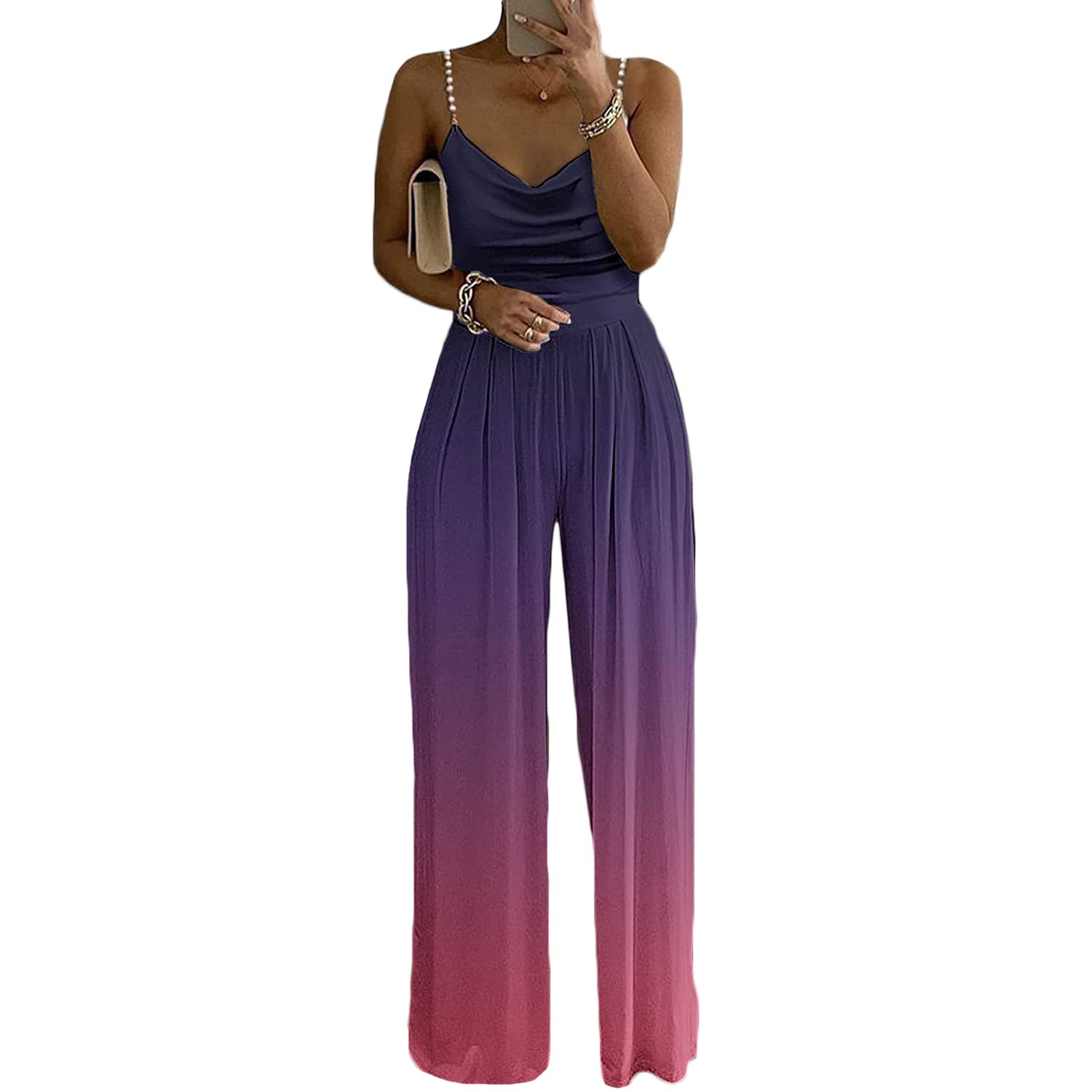 Elegant Women's Summer Jumpsuit with Pearl Strap - Wide Leg Long Pants Romper for Wedding Guest, Party, Beach Vacation & Special Occasions