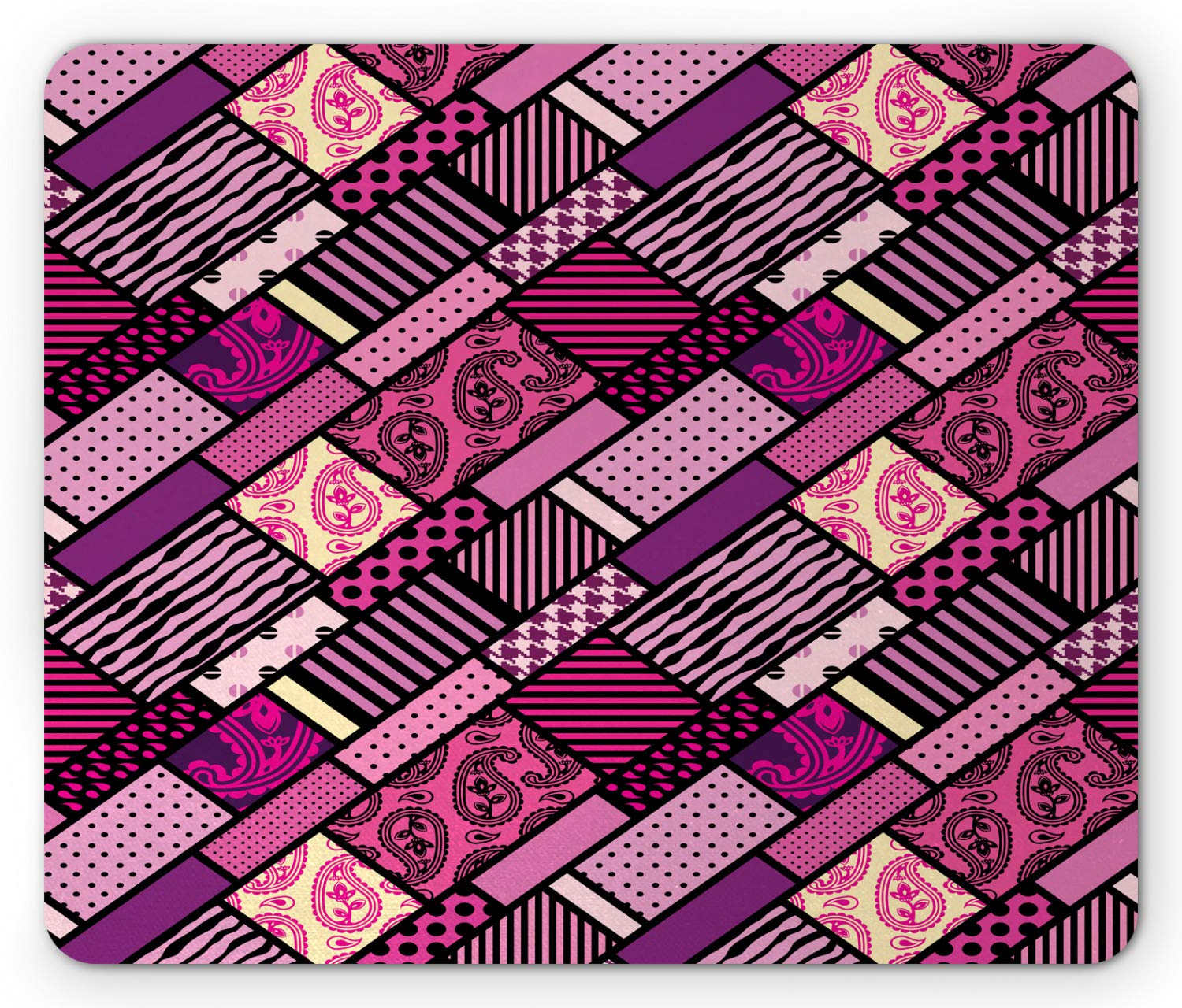 Lunarable Magenta Mouse Pad - Patchwork Style Polka Dots & Paisley Design with Diagonal Rectangles Pattern, Non-Slip Rubber Base, Standard Size (9