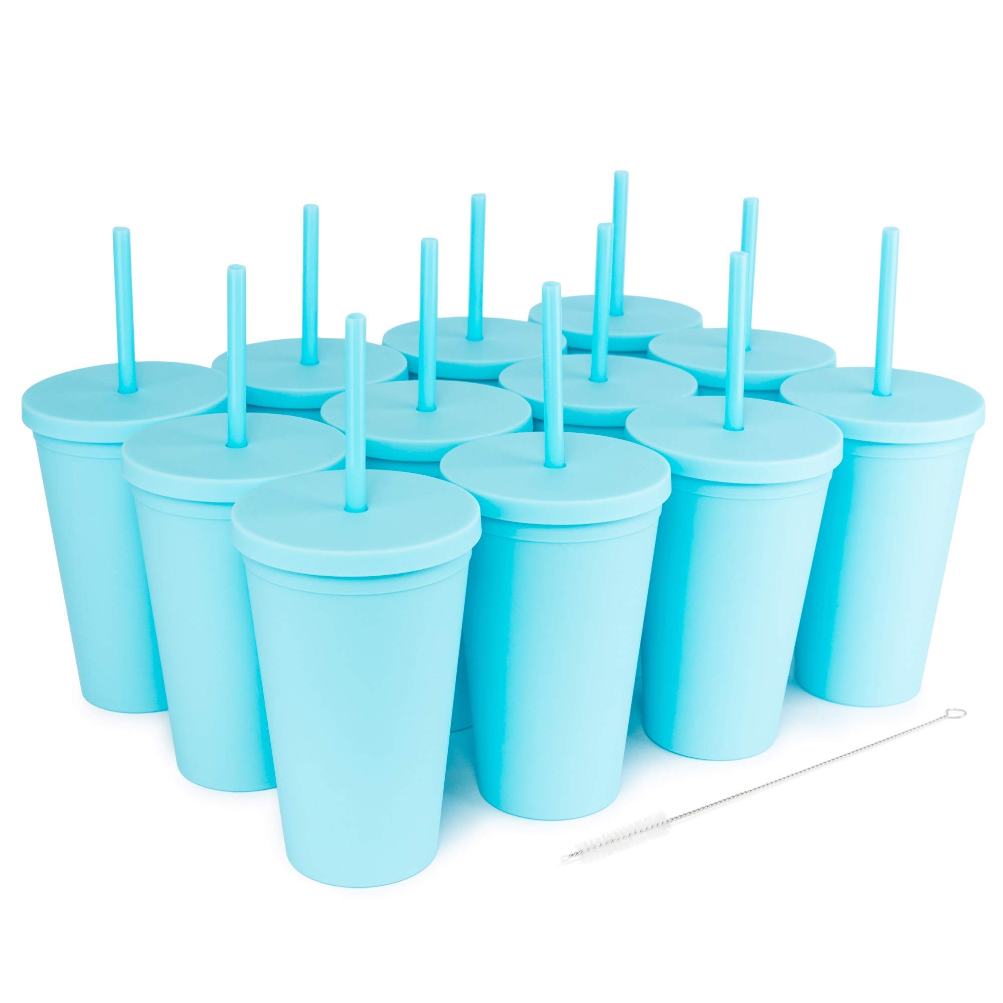 16oz Pastel Acrylic Tumblers with Lids and Straws (12-Pack) - Double Wall Insulated Matte Plastic Cups for Coffee, Smoothies & Cold Drinks - Includes Straw Cleaner & DIY Vinyl Customization (Sky Blue) - Perfect for Home, Office, Parties & Gifts
