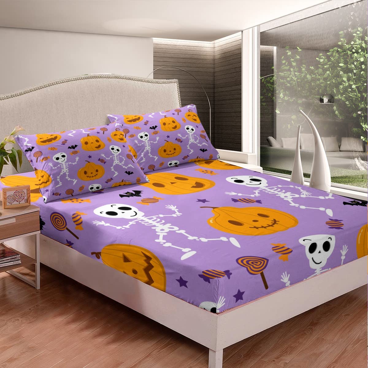 Halloween Sugar Skull Fitted Sheet Set - Pumpkin Lantern & Bat Print Comforter Cover for Kids & Teens - Breathable Twin Size Bedding for Trick or Treat Decor - Perfect for Spooky Bedroom Themes & Seasonal Room Decor