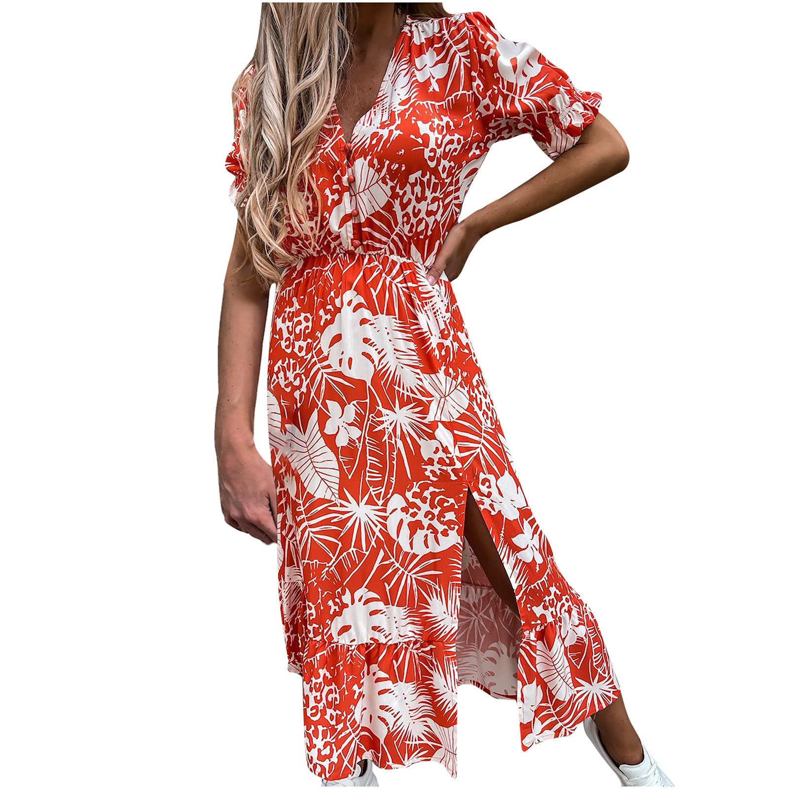 Women's Casual Summer Dress - Floral Print V-Neck Short Sleeve Sexy Side Slit Maxi Dress | Perfect for Beach, Vacation & Mother's Day Gifts