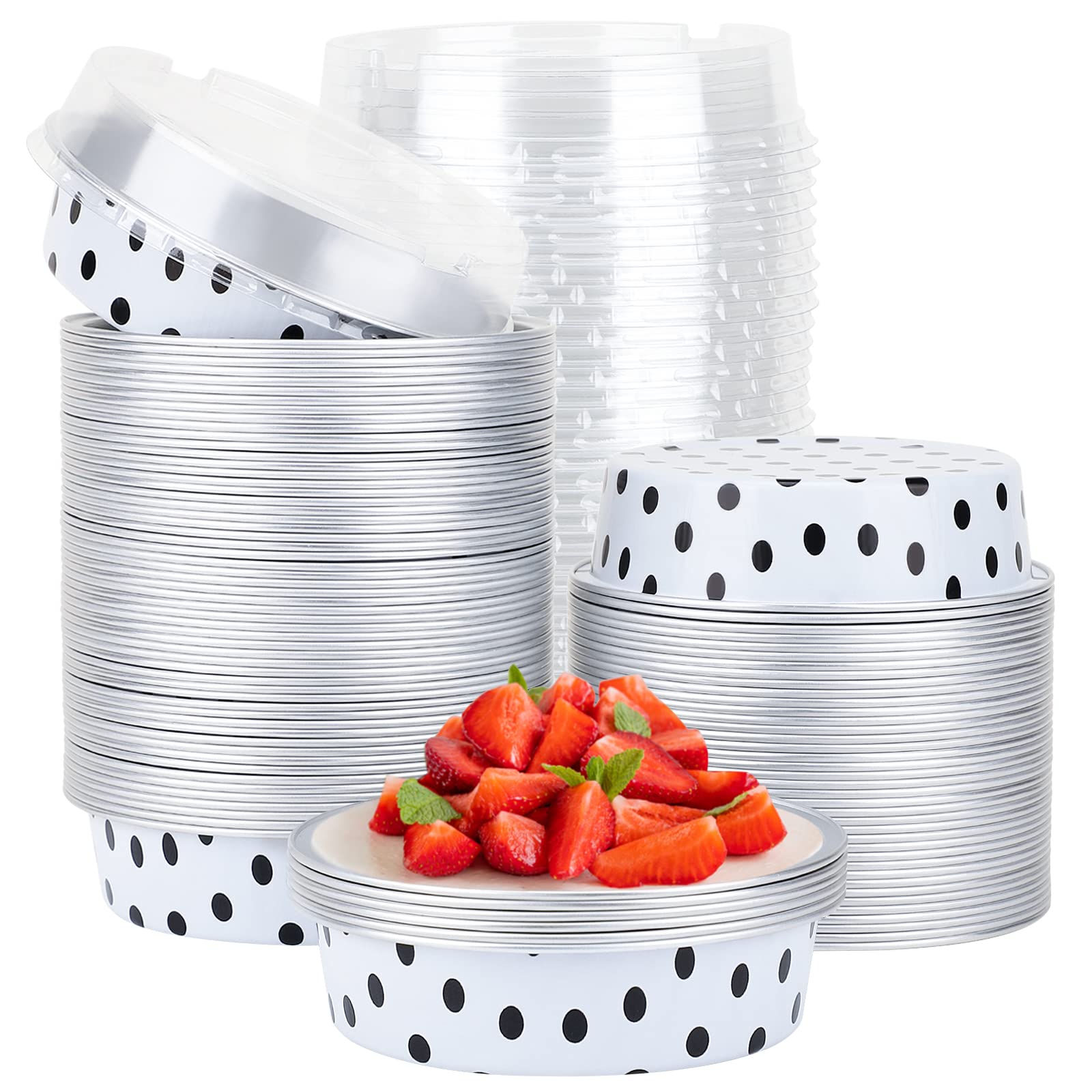 Beasea 100-Pack Mini Tart Pans with Lids - 4 Inch 8oz Disposable Aluminum Foil Baking Tins - Round Small White Black Dot Containers for Cupcakes, Desserts, Muffins, Cheesecake & Quiche - Perfect for Home Baking, Party Treats & Holiday Cooking
