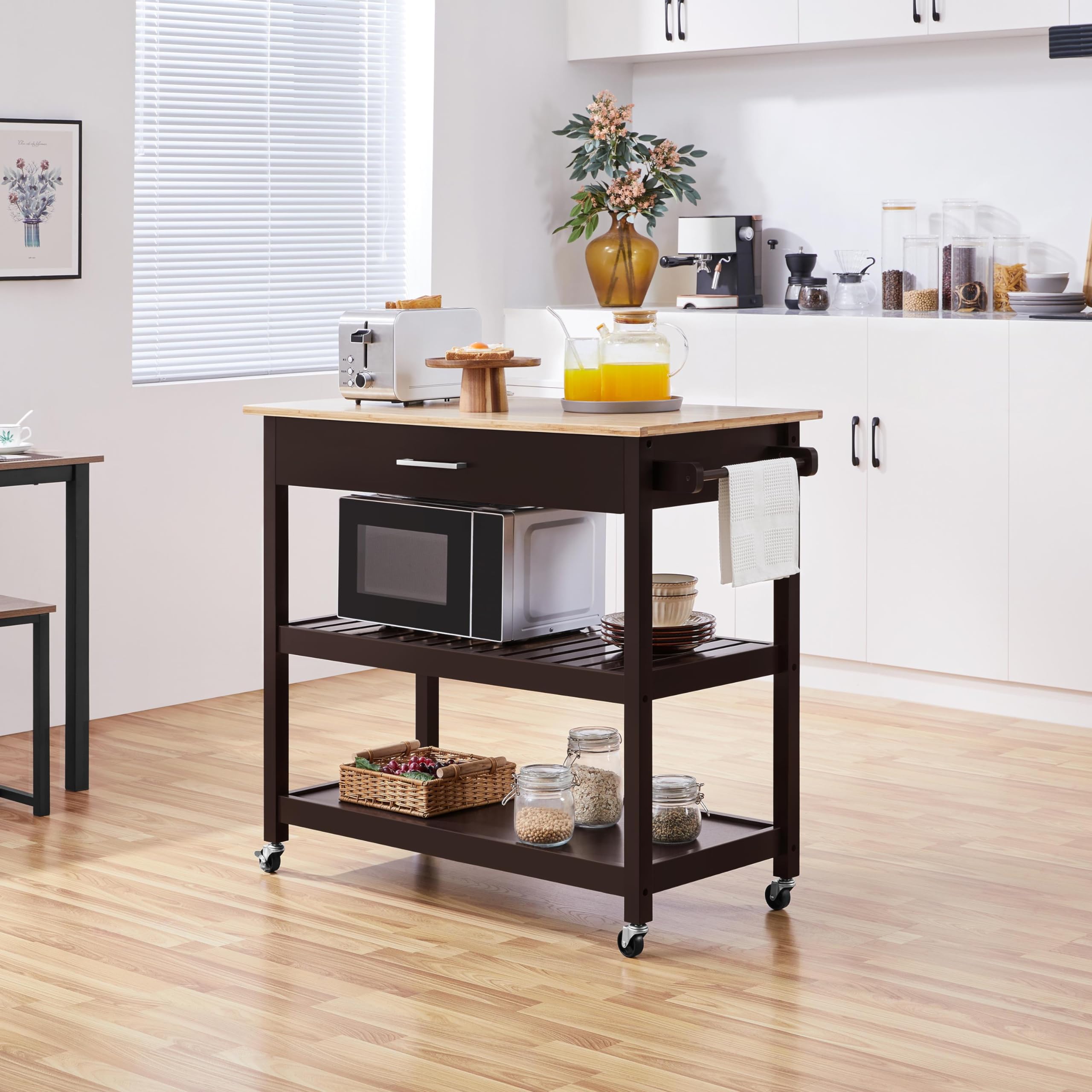 Topeakmart Mobile Kitchen Island Cart with Wood Top - Rolling Utility Trolley with Storage Drawer, Wine Rack & Towel Bar - Perfect for Small Kitchens, Breakfast Bars & Espresso Stations