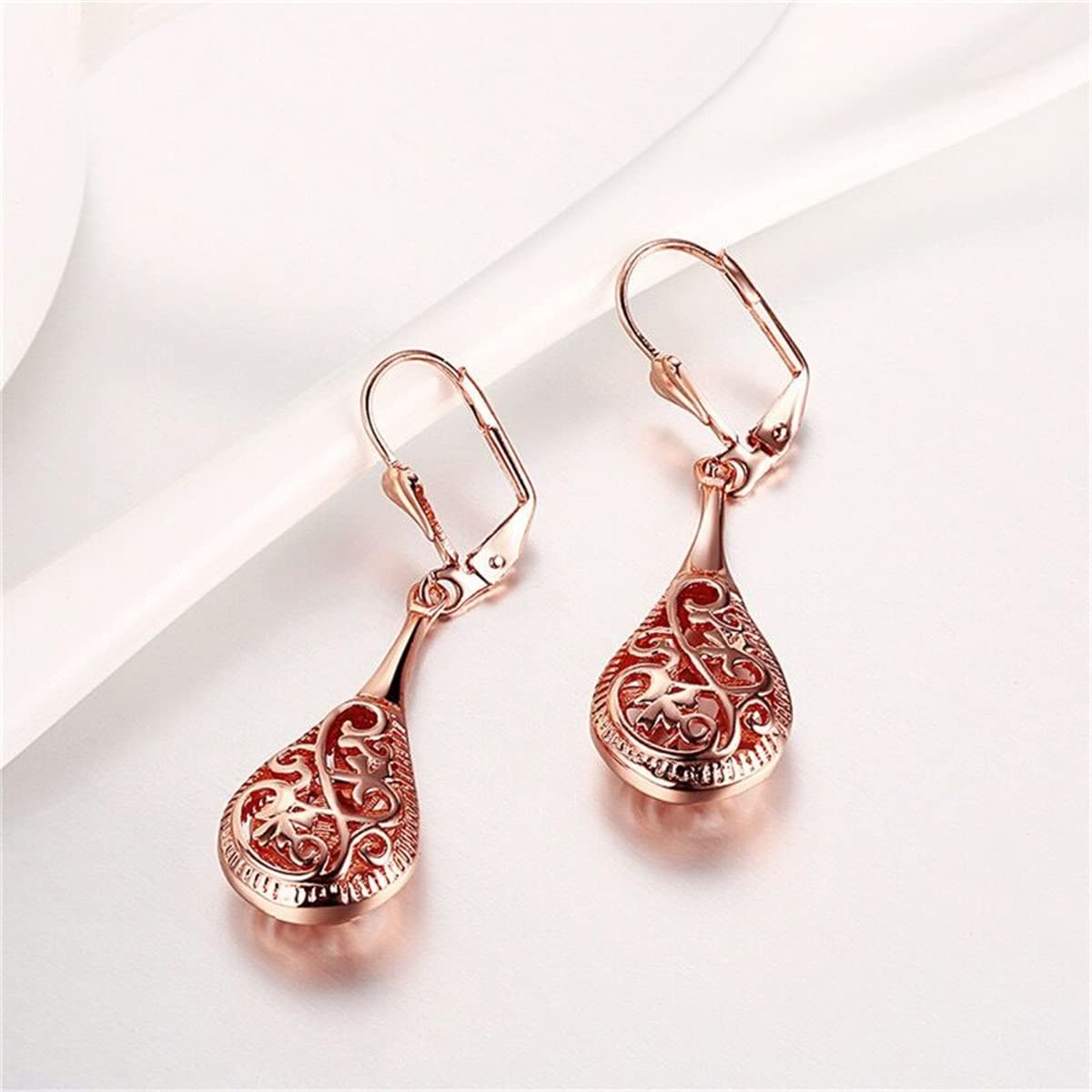 18K Rose Gold Plated Filigree Teardrop Leverback Earrings for Women - Elegant Dangle Earrings for Parties, Weddings & Special Occasions