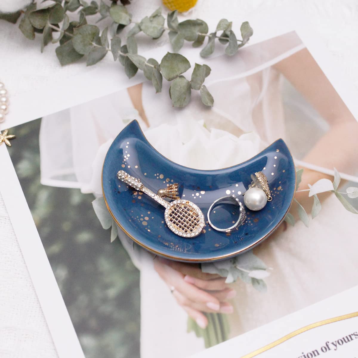 Soddeph Small Moon Ceramic Jewelry Tray - Elegant Decorative Trinket Dish & Ring Holder Plate for Bathroom, Nightstand, Vanity - Blue Ceramic Catchall Tray for Jewelry Organization & Home Decor (Perfect for Gifts, Wedding Favors & Bridesmaid Presents)
