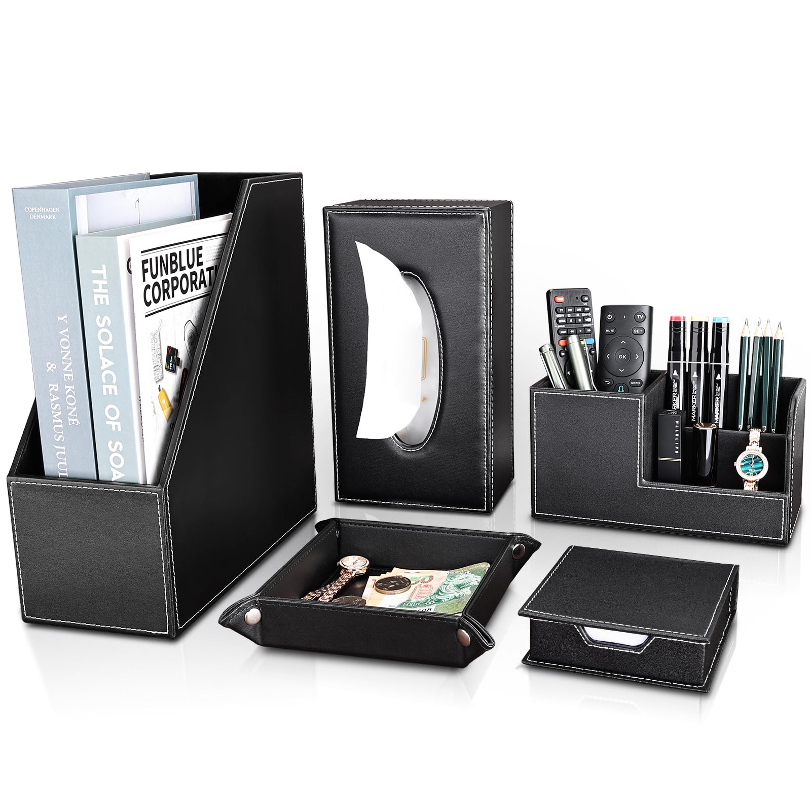 KINGFOM 5-Piece PU Leather Desk Organizer Set - File Holder, Magazine Storage Rack, Pen & Pencil Holder, Tissue Box Cover & Jewelry Tray - Office & Home Organization Accessories for Desk, Study & Workstation