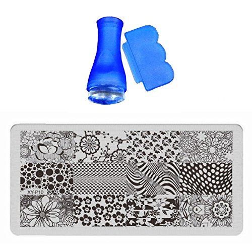 12-Piece XYP10 Nail Stencil Set - 6 Star & Lattice Design Stamping Plates (6x12cm) with Blue Nail Stamper (2.3cm) & Scraper - Chameleon Polish Art for DIY Manicure at Home, Salon, Parties & Gift Giving