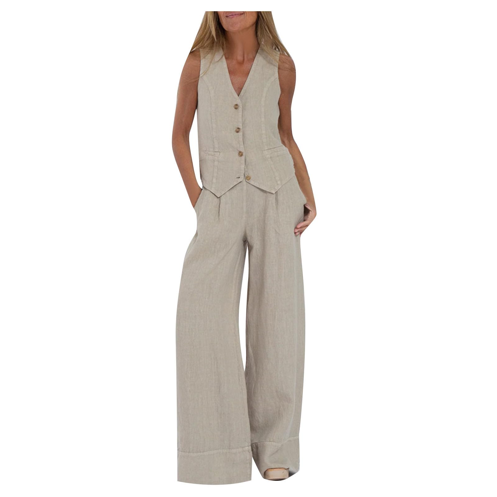 Women's Linen Two-Piece Outfit Set - V-Neck Button Down Vest & Wide Leg Pants for Summer Vacation, Lounge Wear, Beach Outing and Casual Day Out