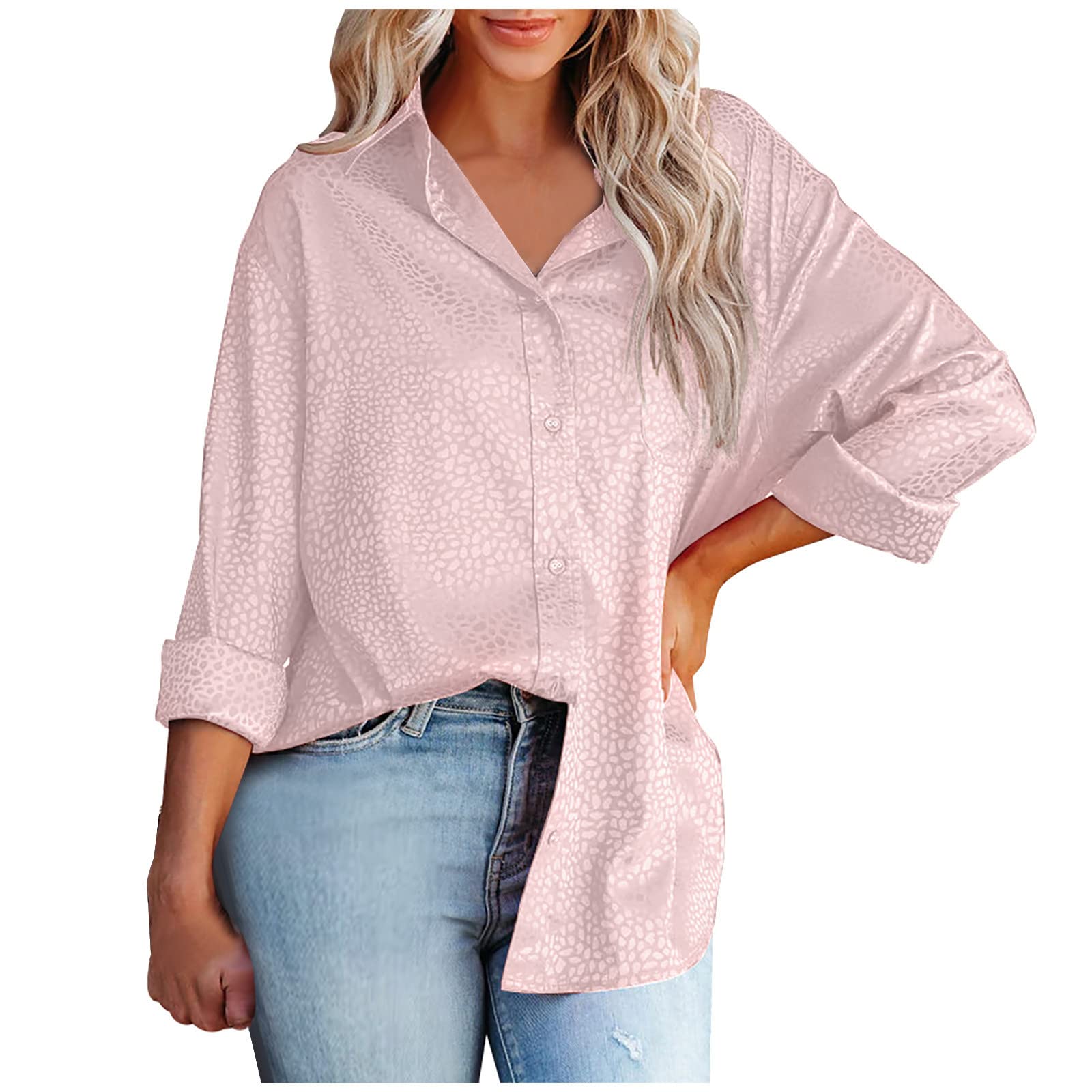 Women's Long Sleeve Satin Blouse - Button Down Shirt with Turndown Collar & Jacquard Print | Casual Loose Fit Tops for Work, Office & Everyday Wear