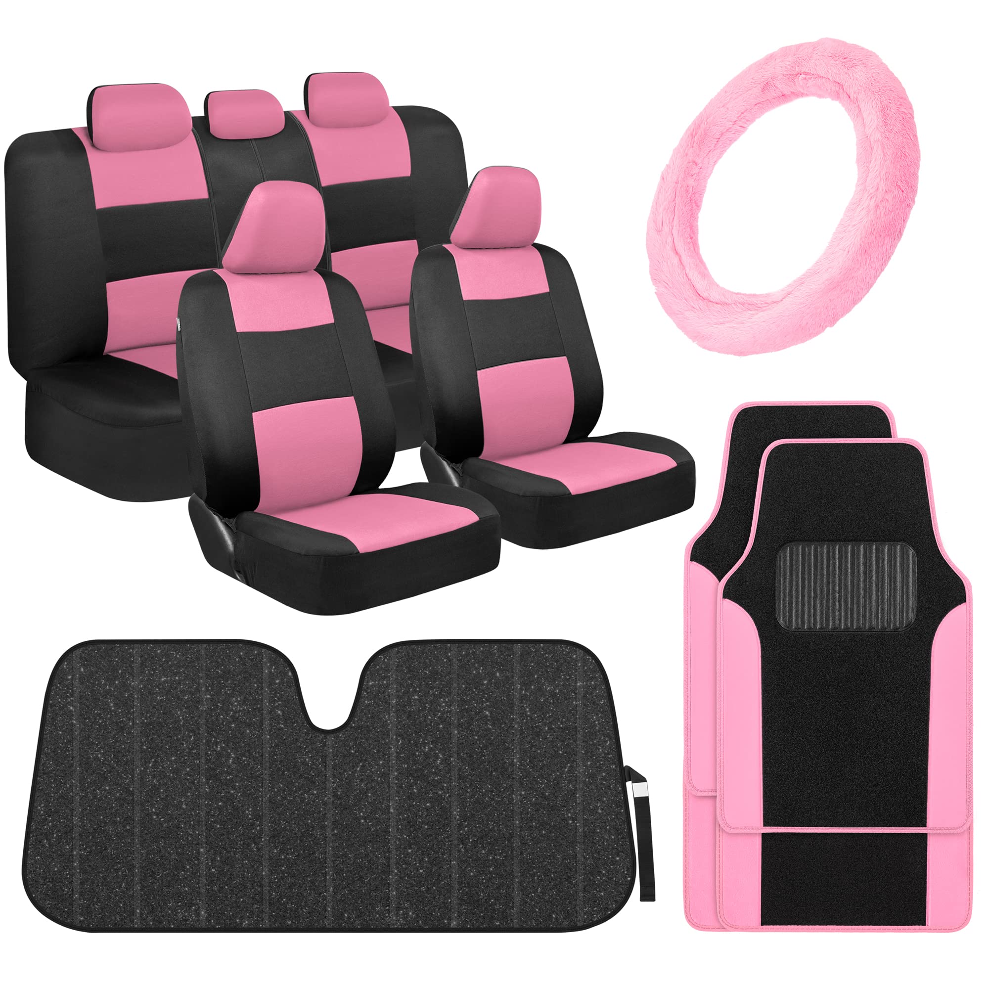BDK PolyPro Pink Car Seat Covers for Women - 5-Piece Luxury Car Accessories Set with Soft Seat Covers, Plush Floor Mats, Faux Fur Steering Wheel Cover & Sparkling Sunshade | Perfect Gift for Her, Car Interior Upgrade & Daily Commute Protection
